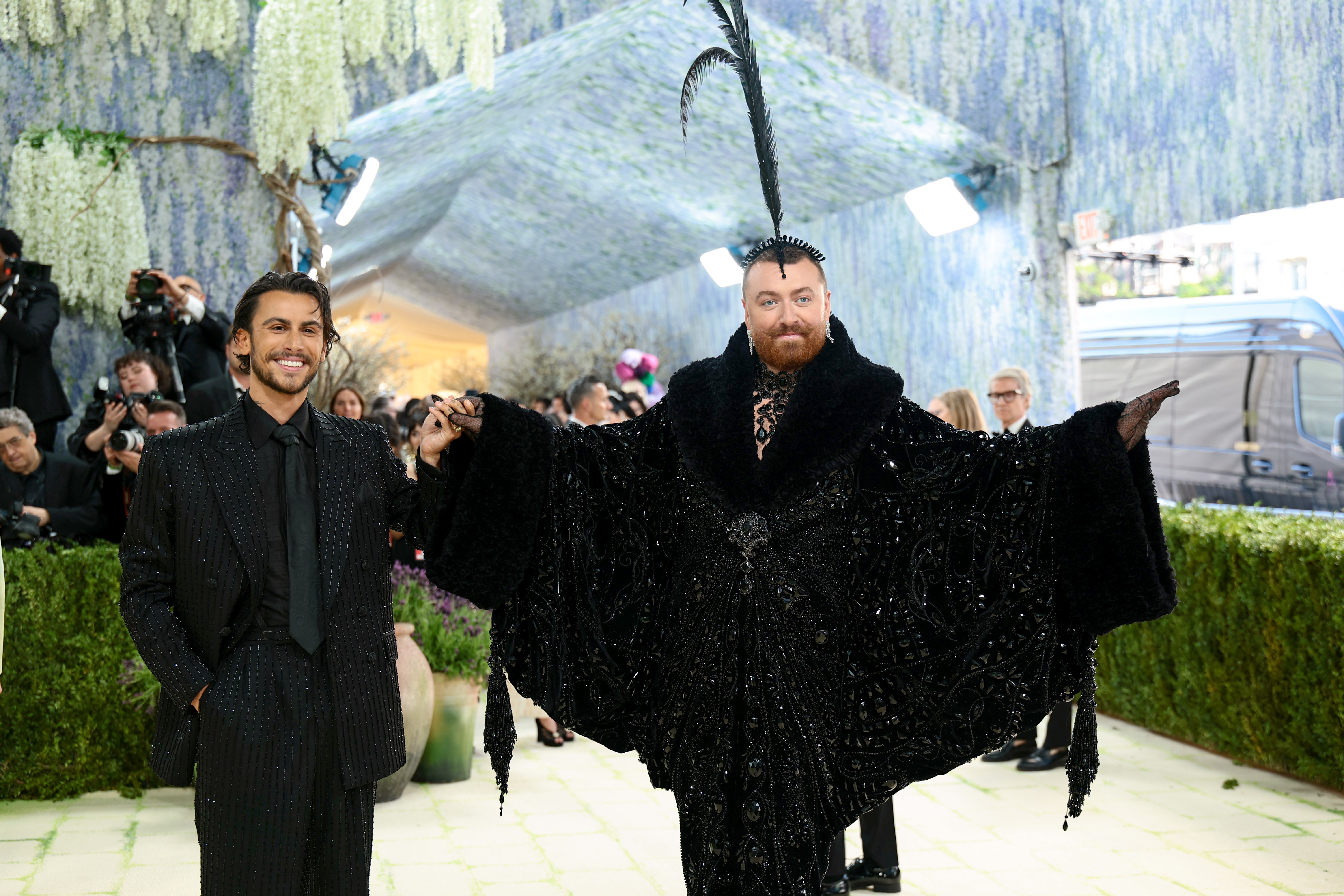  (L-R) Christian Cowan and Sam Smith attend the 2026 Met Gala celebrating "Costume Art" at the Metropolitan Museum of Art on May 04, 2026 in New York City. (Photo by Dimitrios Kambouris/Getty Images for The Met Museum/Vogue)