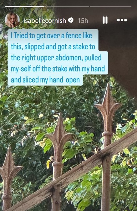 Isabelle Cornish reveals stake fence injury