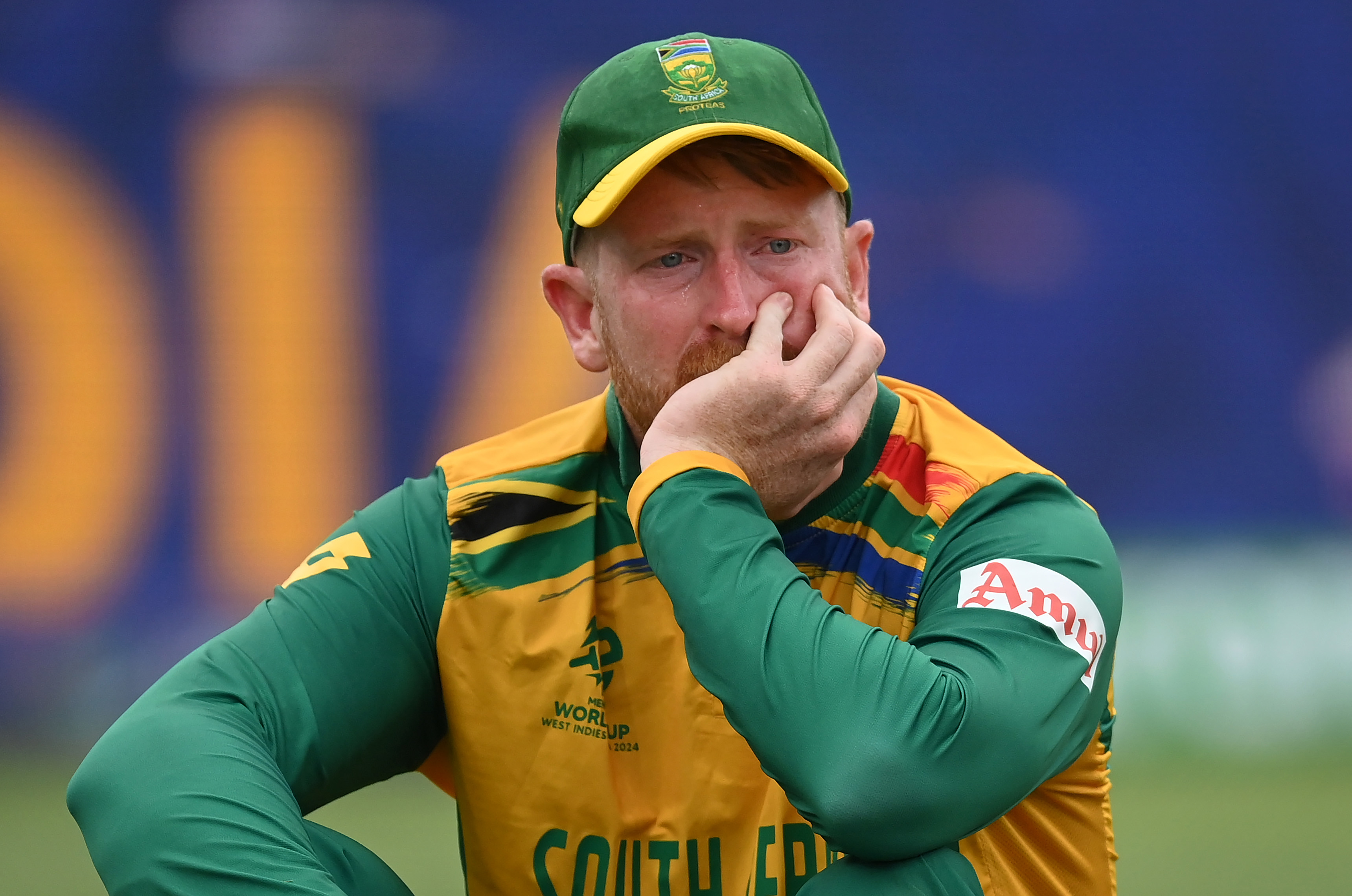 Heinrich Klaasen of South Africa sits and waits for the presentations after India won the ICC Men's T20 Cricket World Cup West Indies & USA 2024 Final match between South Africa and India at Kensington Oval on June 29, 2024 in Bridgetown, Barbados. (Photo by Philip Brown/Getty Images)