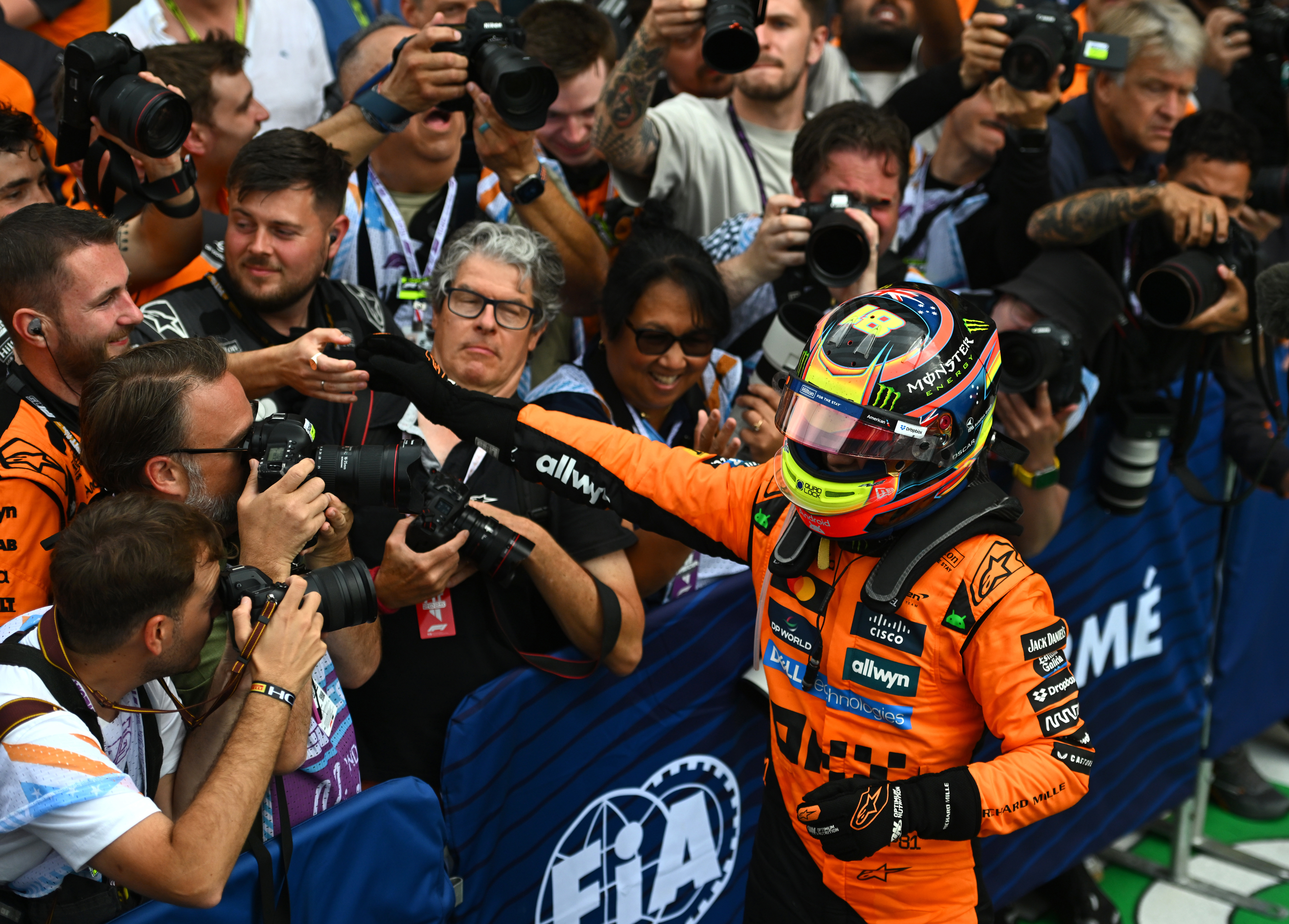 Race winner Oscar Piastri of Australia and McLaren celebrates the F1 Grand Prix of Miami.