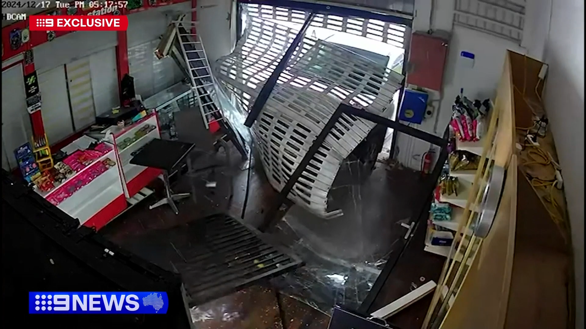A﻿ 15-year-old driver allegedly behind the wheel of his mum's SUV crashed through a vape shop on a busy Brisbane street early today.