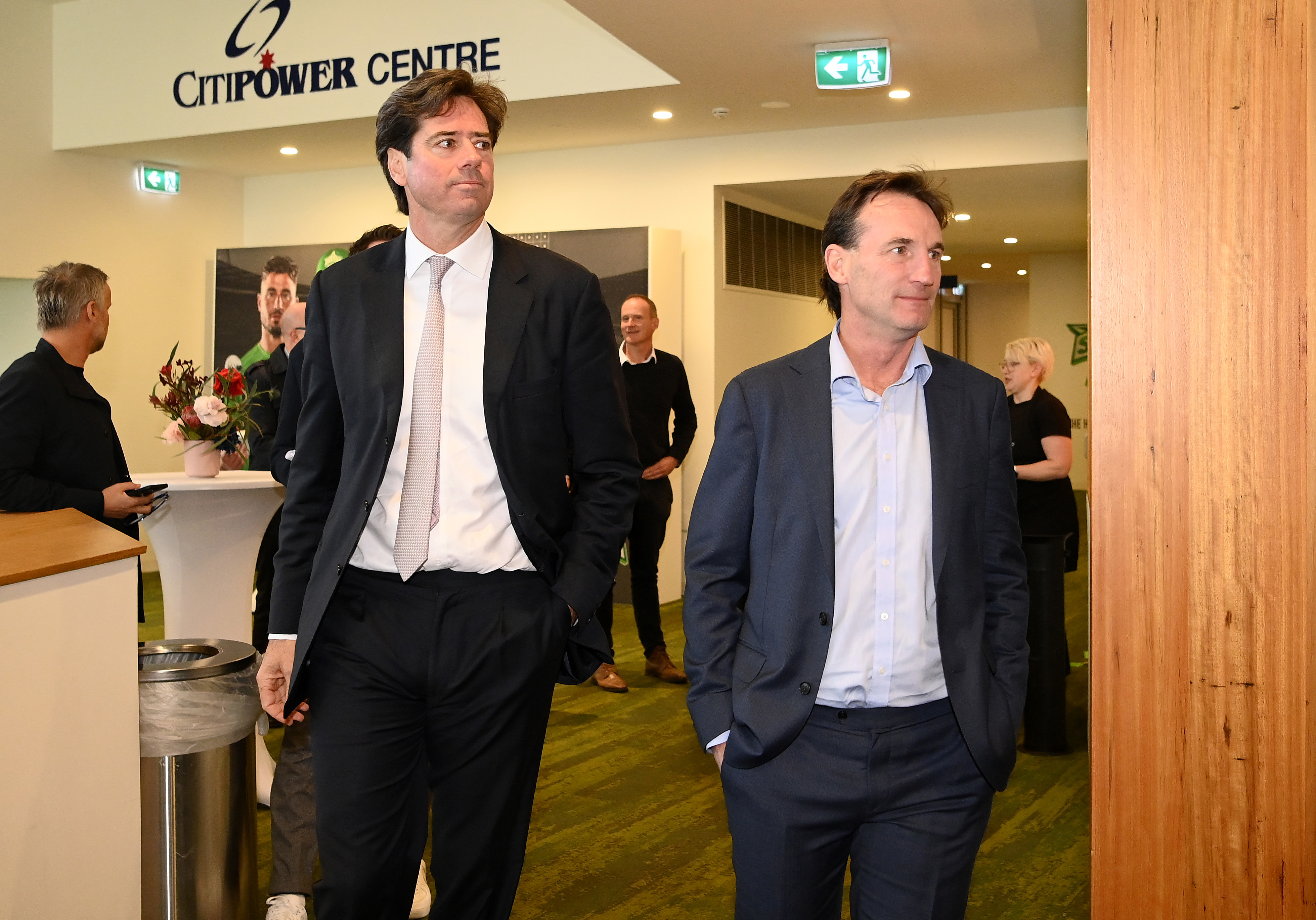 MELBOURNE, AUSTRALIA - MAY 26: AFL CEO Gillon McLachlan and Andrew Dillon arrive during a media opportunity with Australian sports governing body representatives who will support the Voice, at CitiPower Centre on May 26, 2023 in Melbourne, Australia. (Photo by Quinn Rooney/Getty Images)