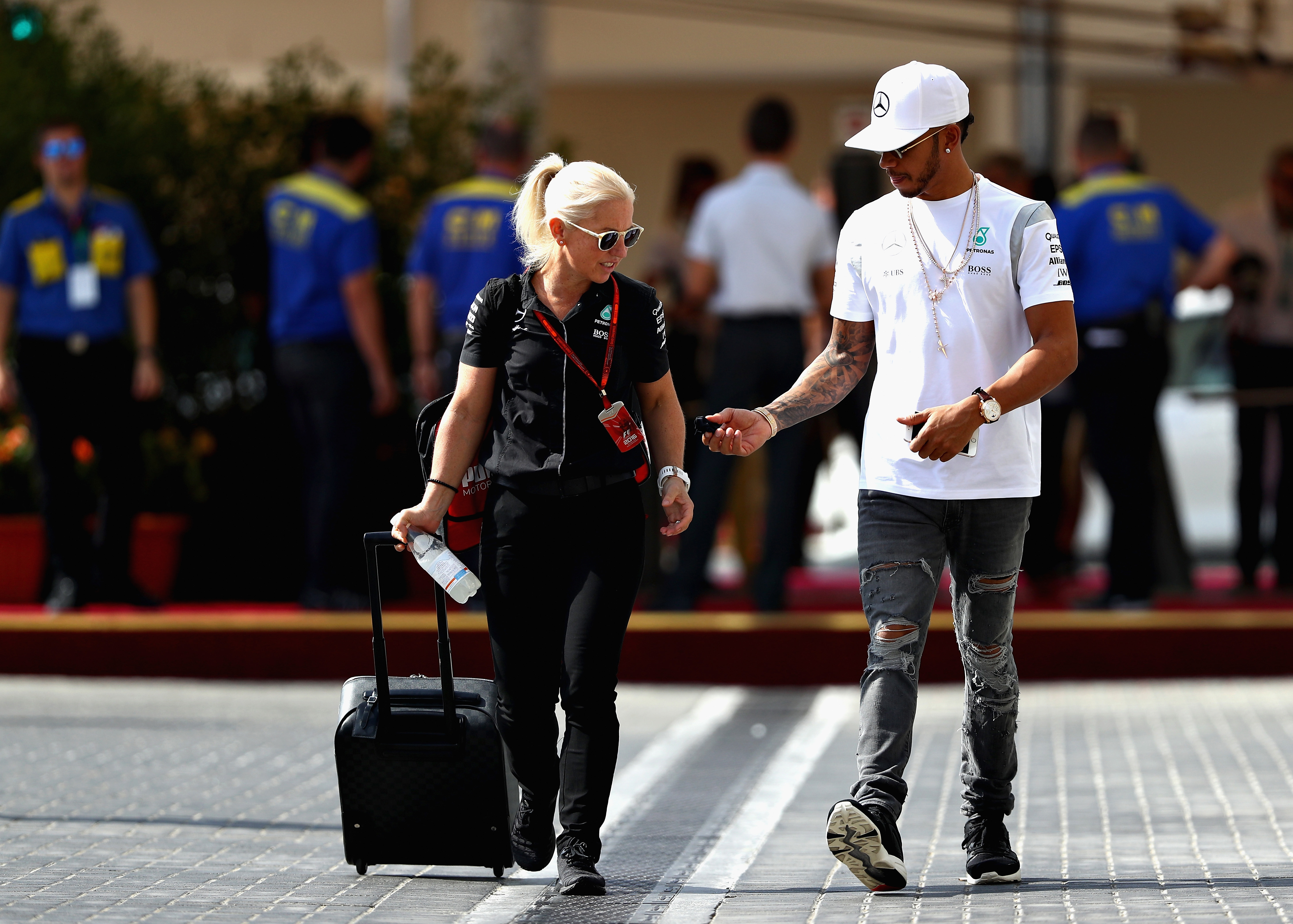 Angela Cullen (left) and Lewis Hamilton at the 2016 Abu Dhabi Grand Prix.