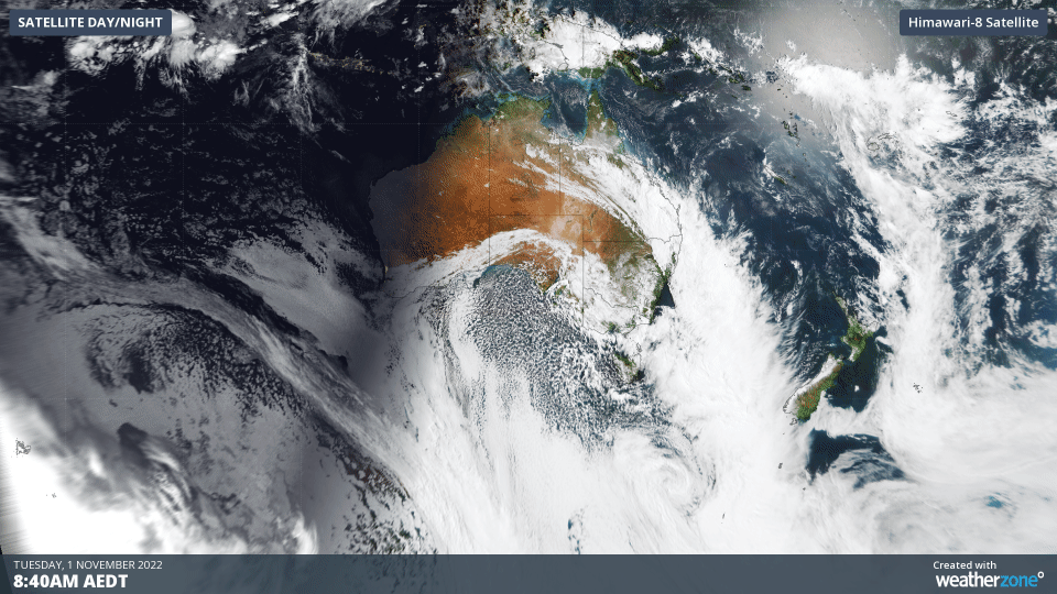 The sequence of satellite images below shows a huge mass of speckled cloud moving up from the Southern Ocean towards Australia.