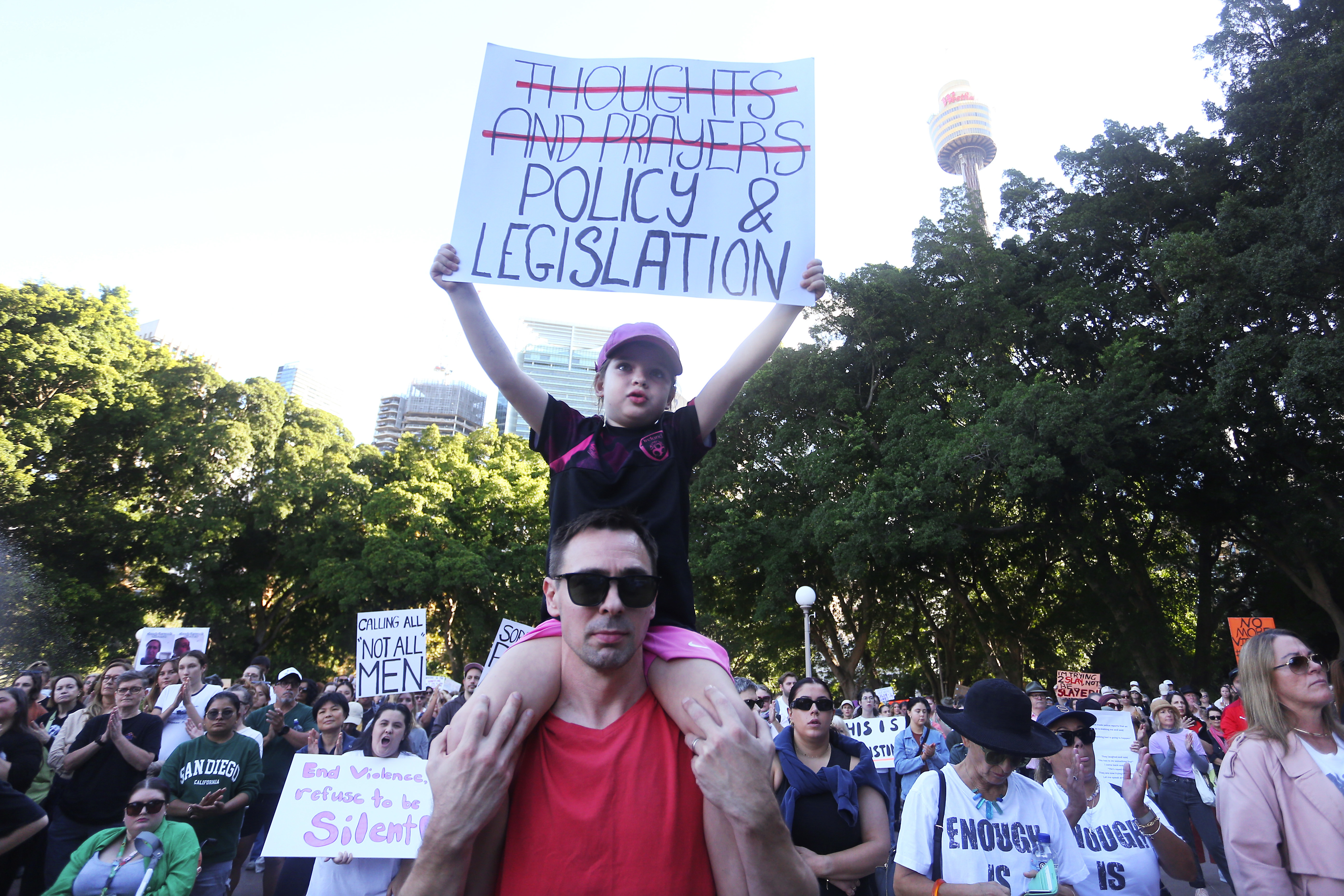 Demonstrators take part in a national rally against violence towards women on April 27, 2024 in Sydney, Australia. 