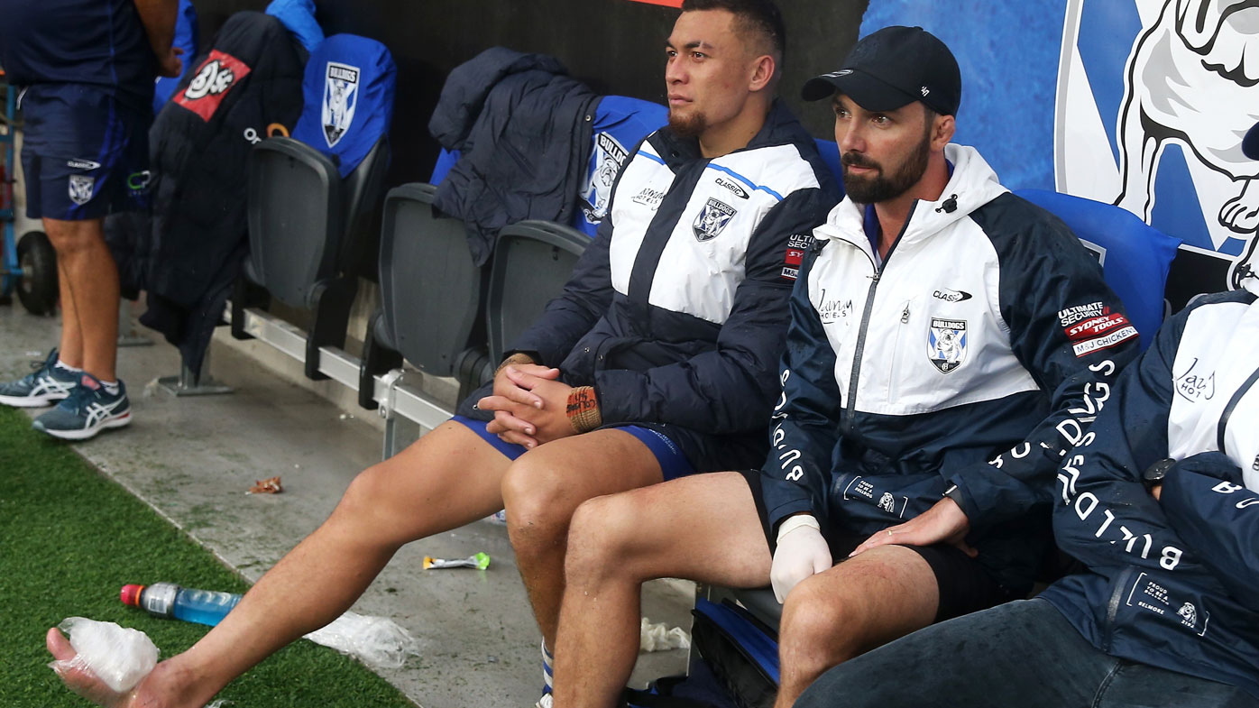 Raymond Faitala-Mariner watches on after suffering a footy inury. (Getty)