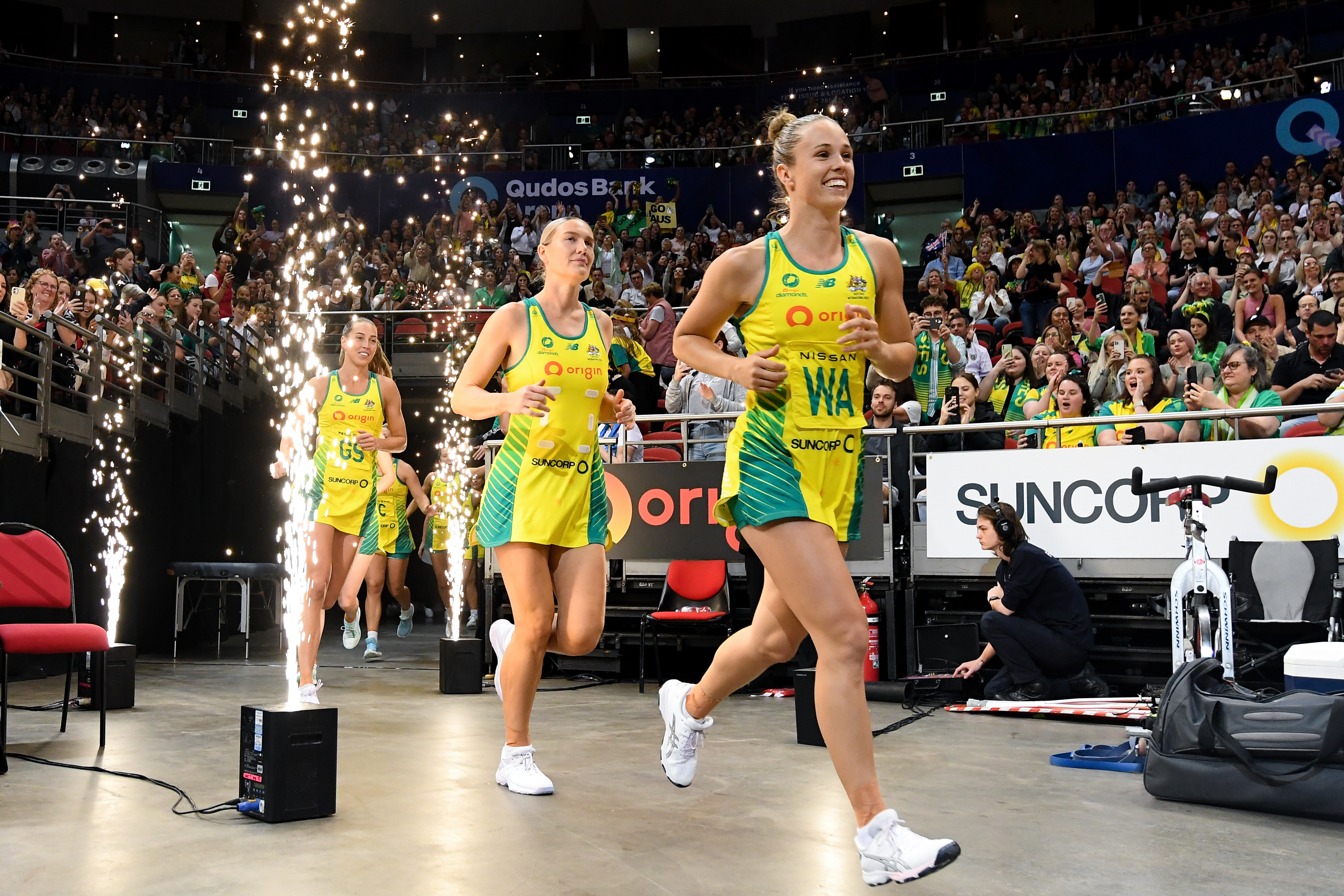 Australian Diamonds run onto court during the Netball International match between Australia and England on October 30, 2022 at Qudos Bank Arena in Sydney, Australia. (Photo by Steven Markham/Speed Media/Icon Sportswire)