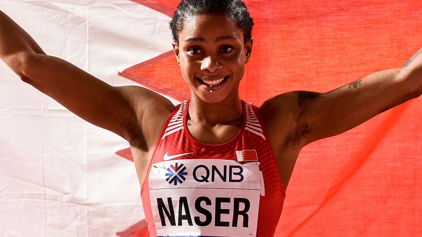 Salwa Eid Naser of Bahrain celebrates after winning the Women's 400m Final during day seven of the 17th IAAF World Athletics Championships in Doha in  2019.