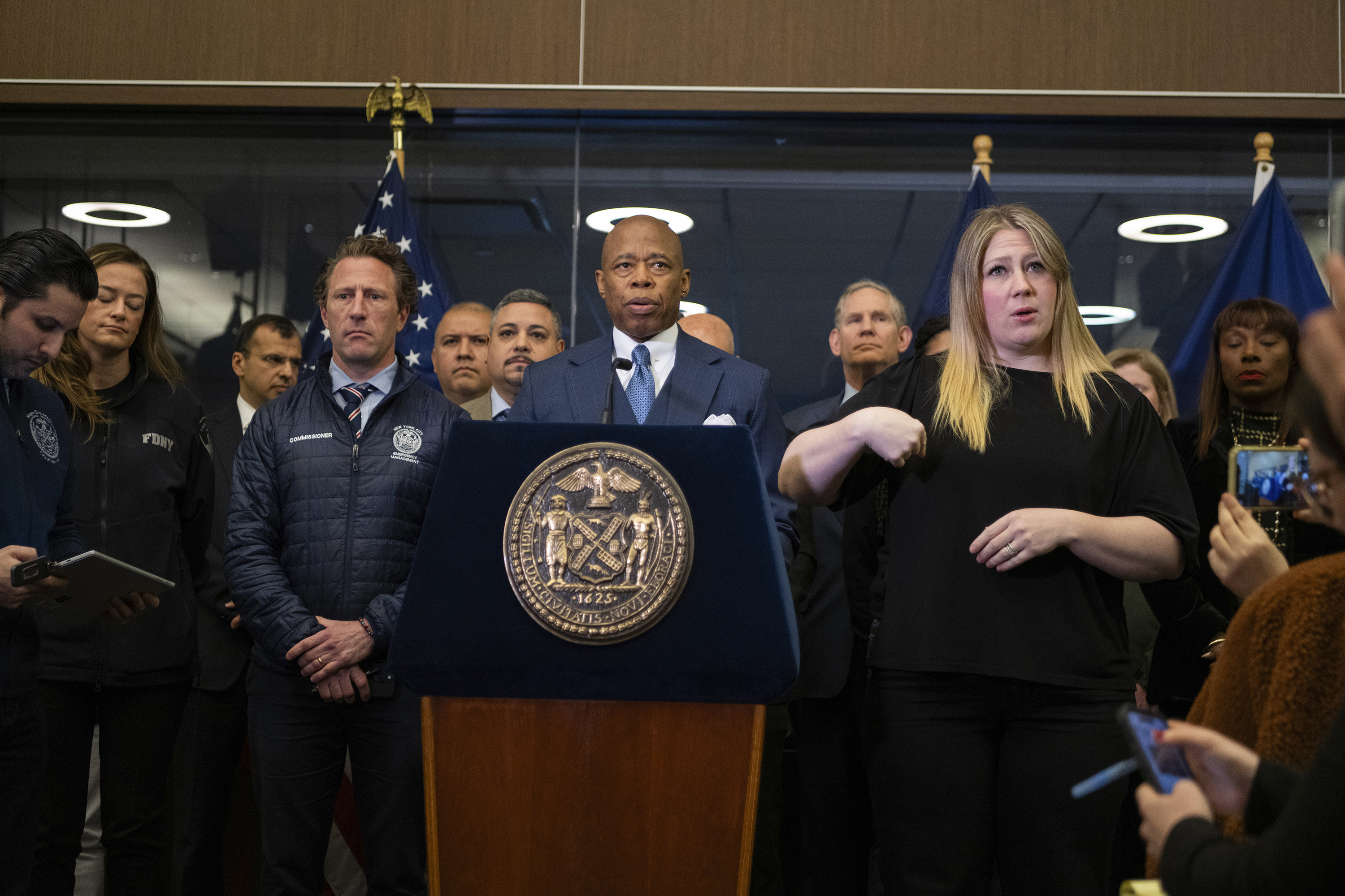 Mayor Eric Adams speaks alongside commissioner Zachary Isco during a news conference at the New York City Emergency Management Department on Friday April 5, 2024 in New York. 