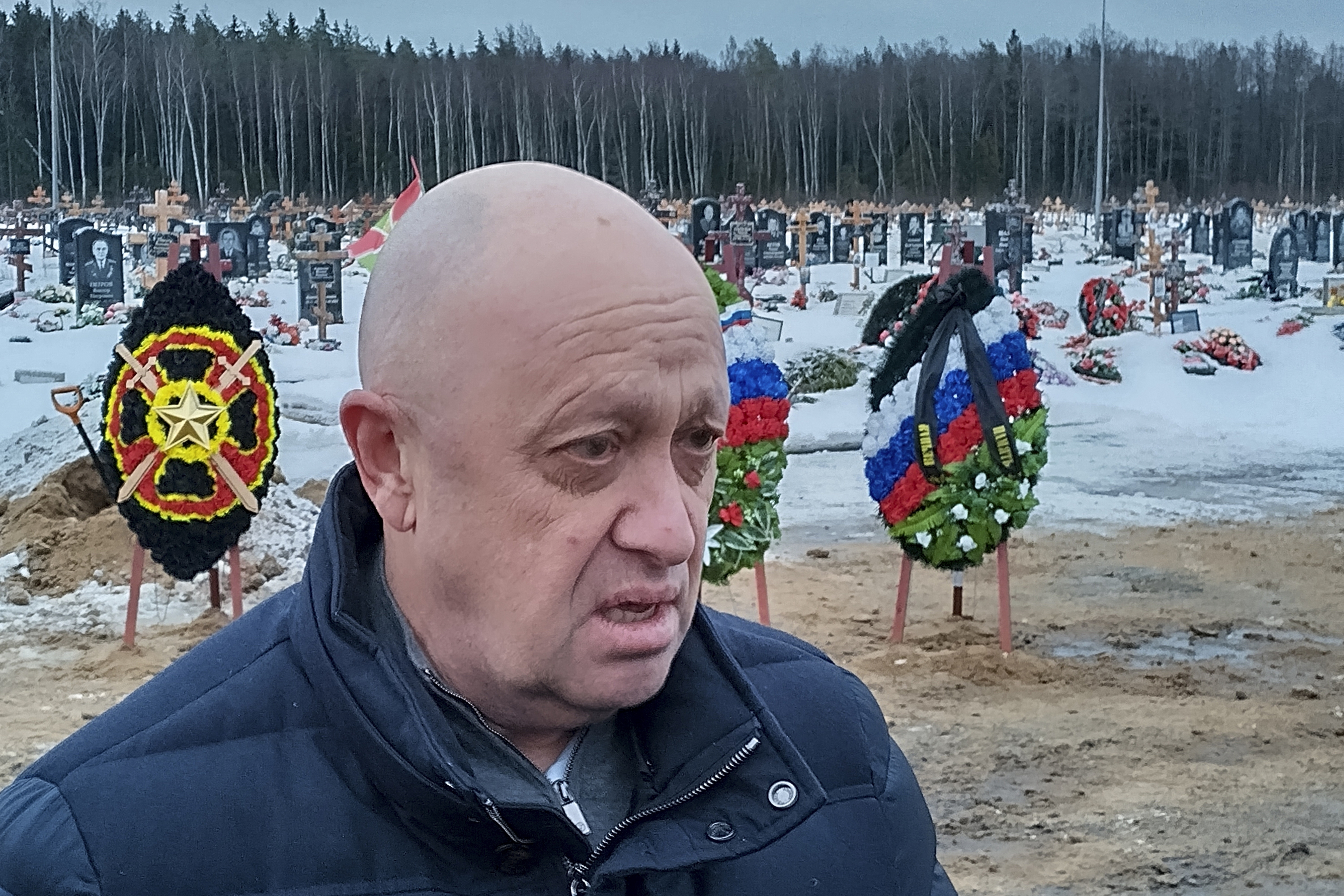 Wagner Group head Yevgeny Prigozhin attends the funeral of Dmitry Menshikov, a fighter of the Wagner group who died during a special operation in Ukraine, at the Beloostrovskoye cemetery outside St. Petersburg, Russia, on Dec. 24, 2022.