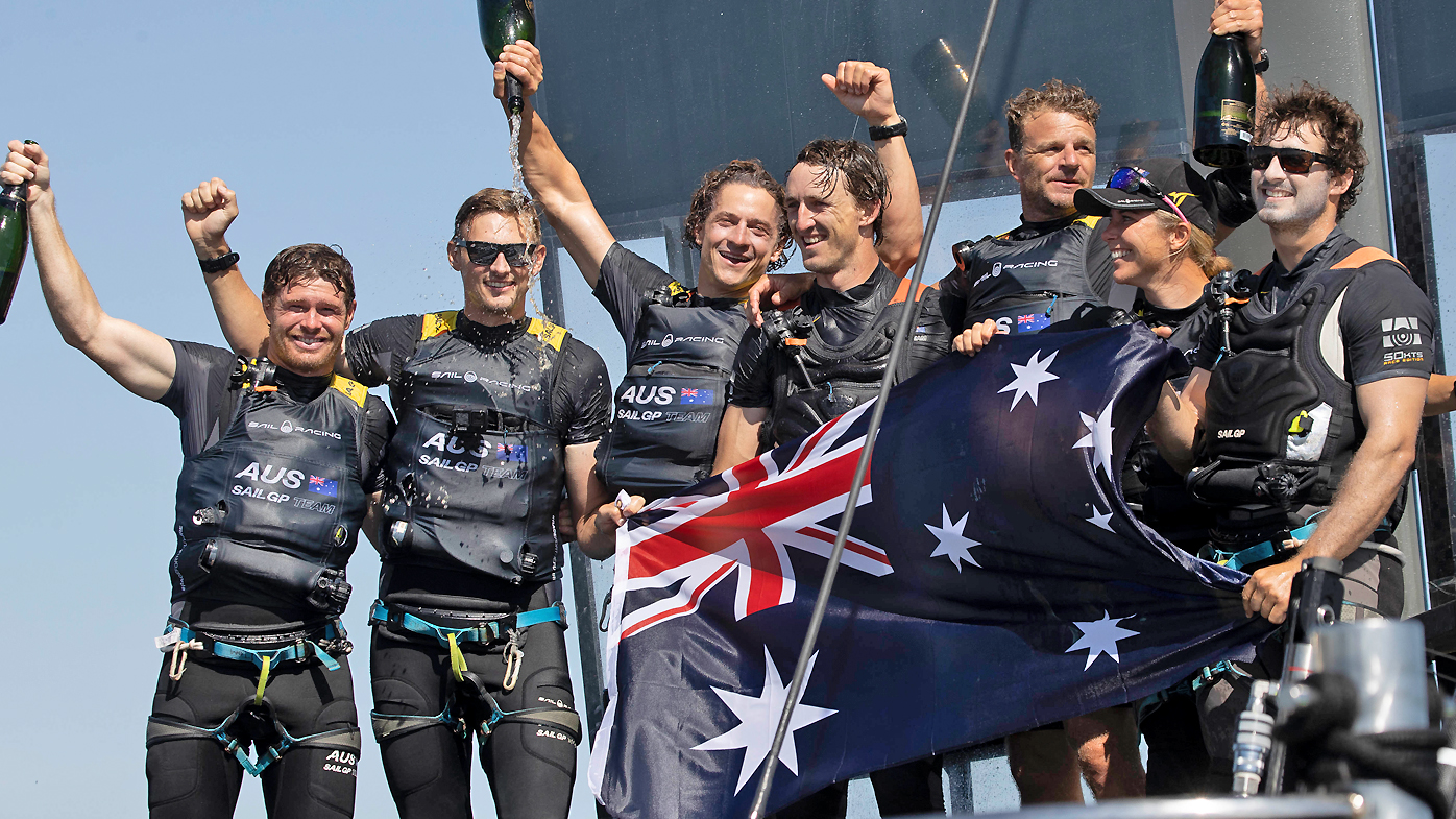 Day2 of racing, Australia SailGP Team helmed by Tom Slingsby with team mates Kyle Langford, Ed Powys, Nick Hutton and Rhys Mara celebrate winning the The Great Britain SailGP
