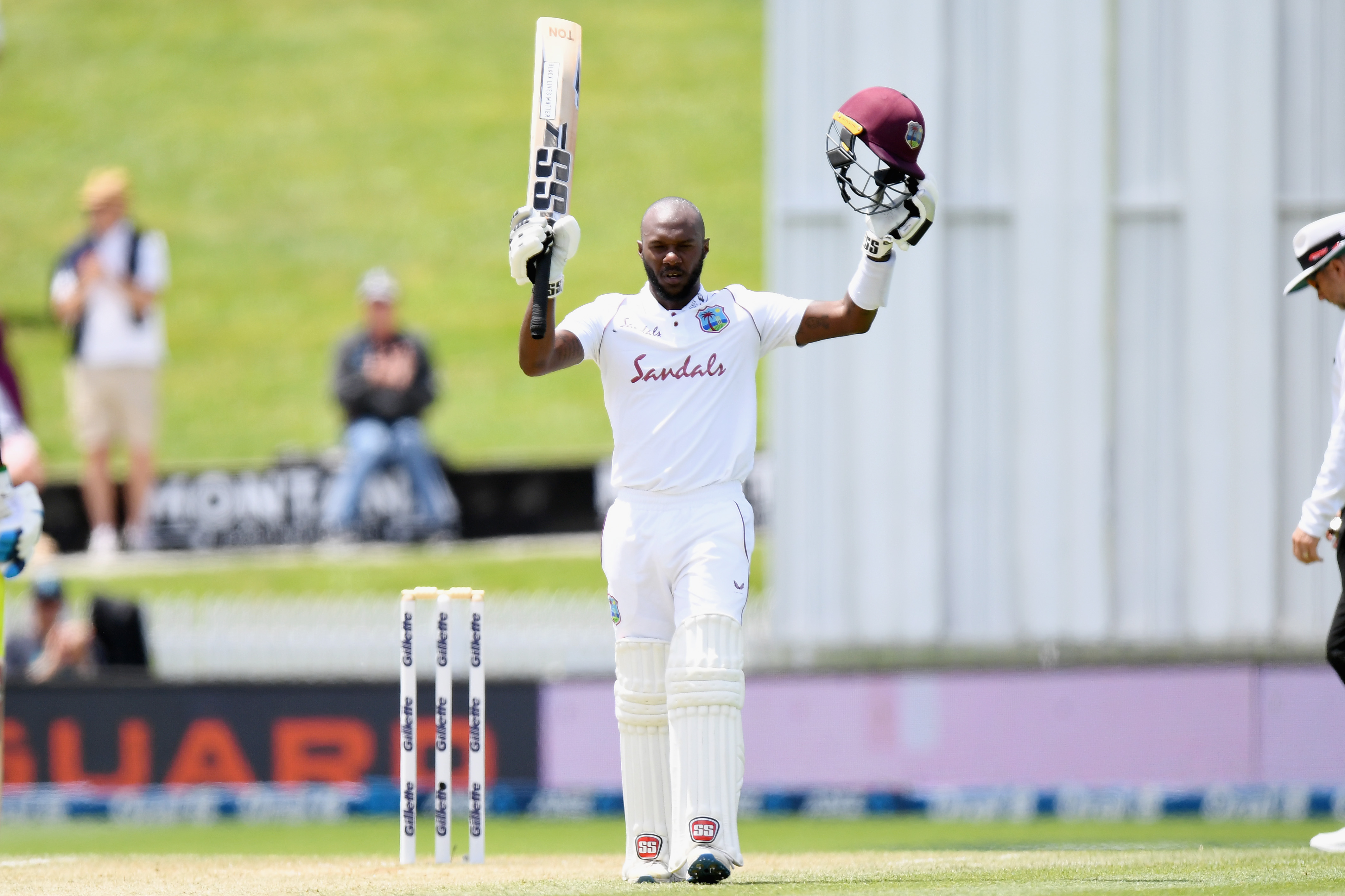 Jermaine Blackwood of the West Indies celebrates his century.