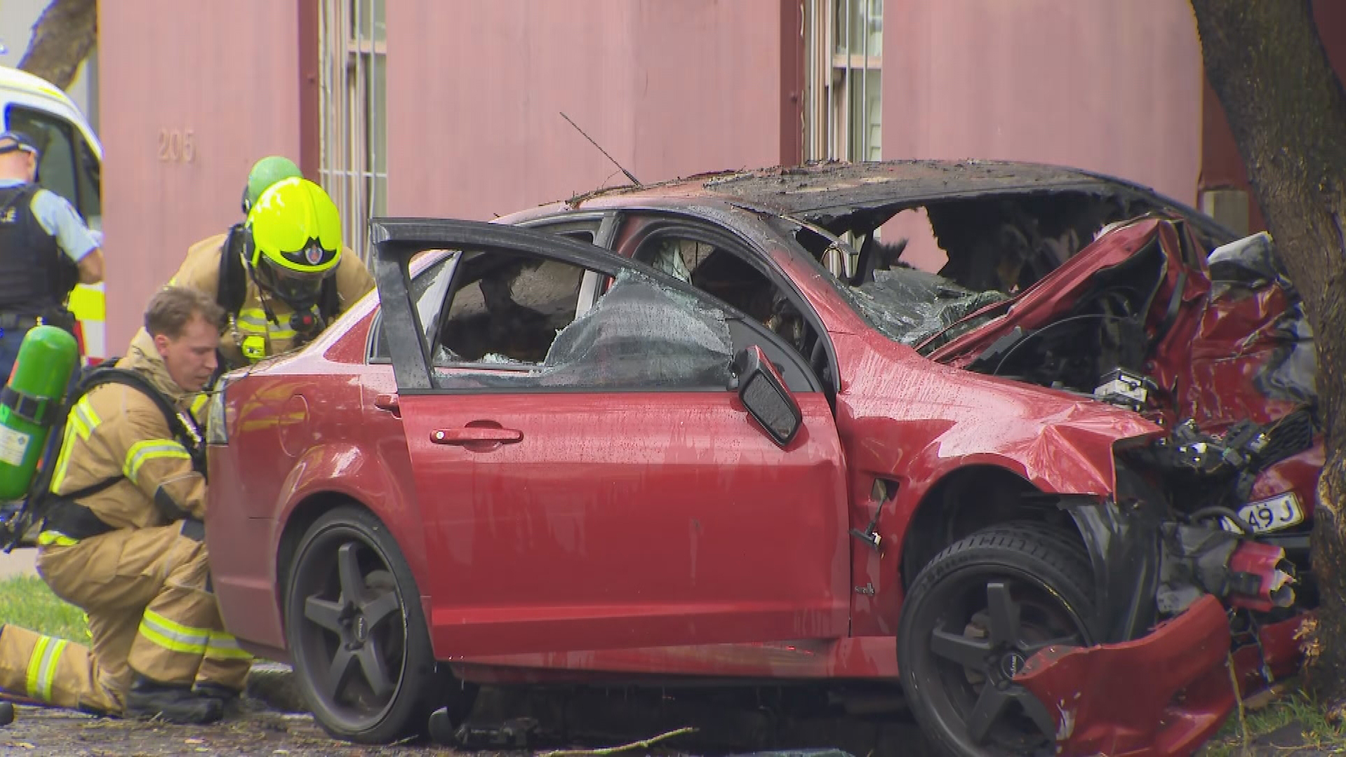 A car believed to be stolen has hit a tree and burst into flames after a police pursuit in Sydney's north.﻿