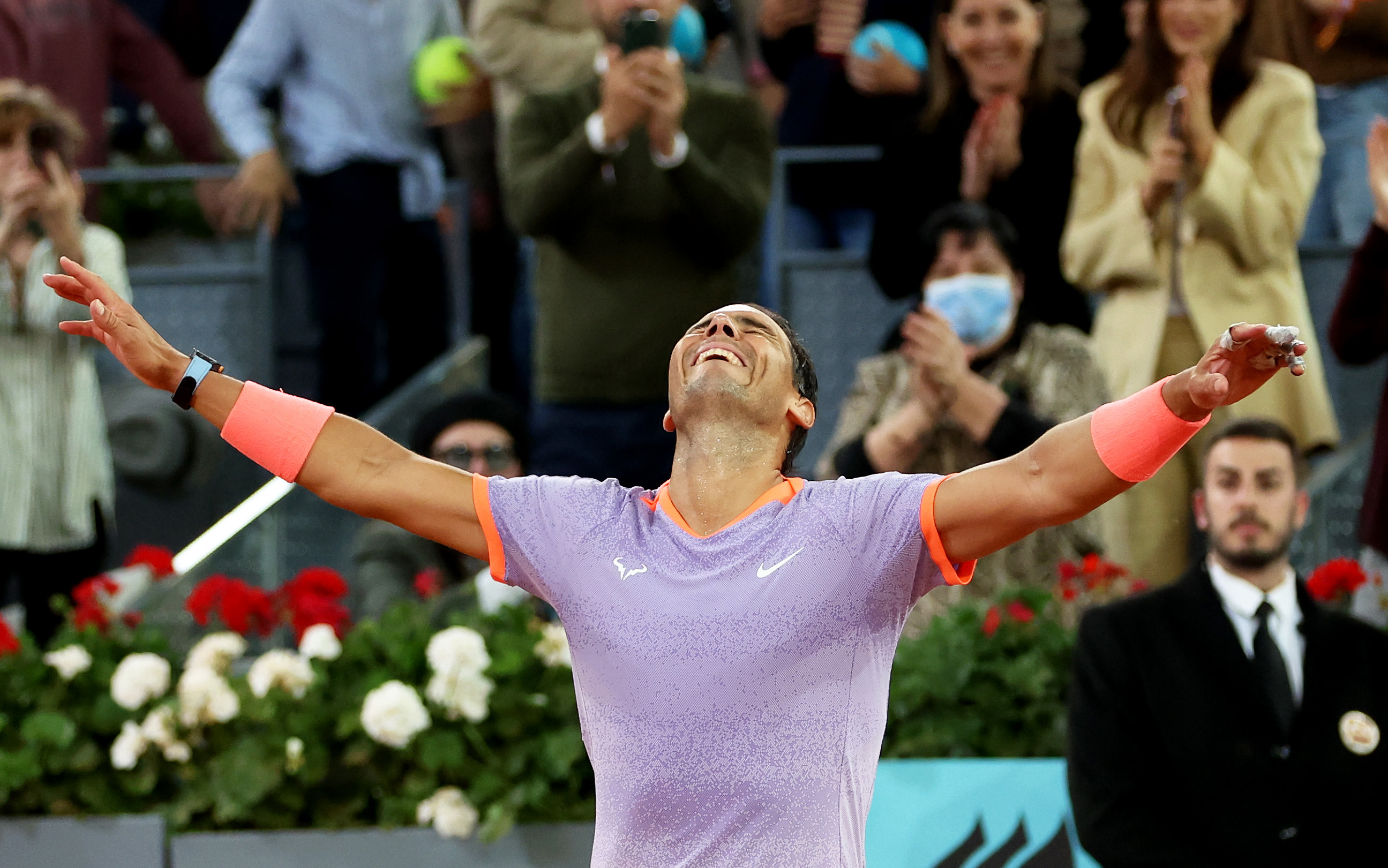 Rafael Nadal of Spain celebrates victory against Alex de Minaur of Australia in the Men's Singles Round of 64 match during Day Five of the Mutua Madrid Open at La Caja Magica on April 27, 2024 in Madrid, Spain. (Photo by Clive Brunskill/Getty Images)