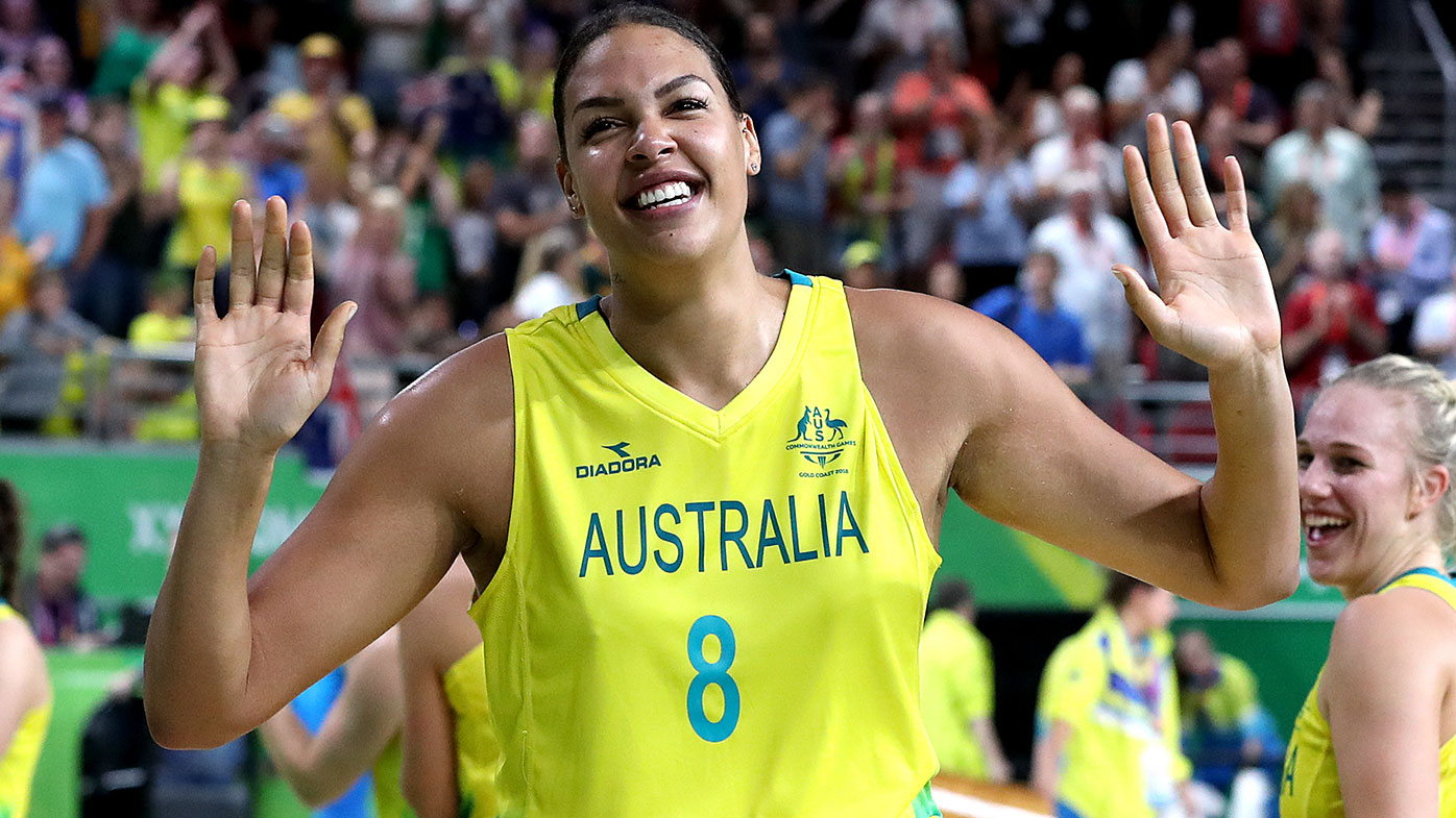 Australia's Elizabeth Cambage celebrates winning in the Women's Gold Medal Game at the Gold Coast Convention and Exhibition Centre during day ten of the 2018 Commonwealth Games in the Gold Coast, Australia. (Photo by Martin Rickett/PA Images via Getty Images)