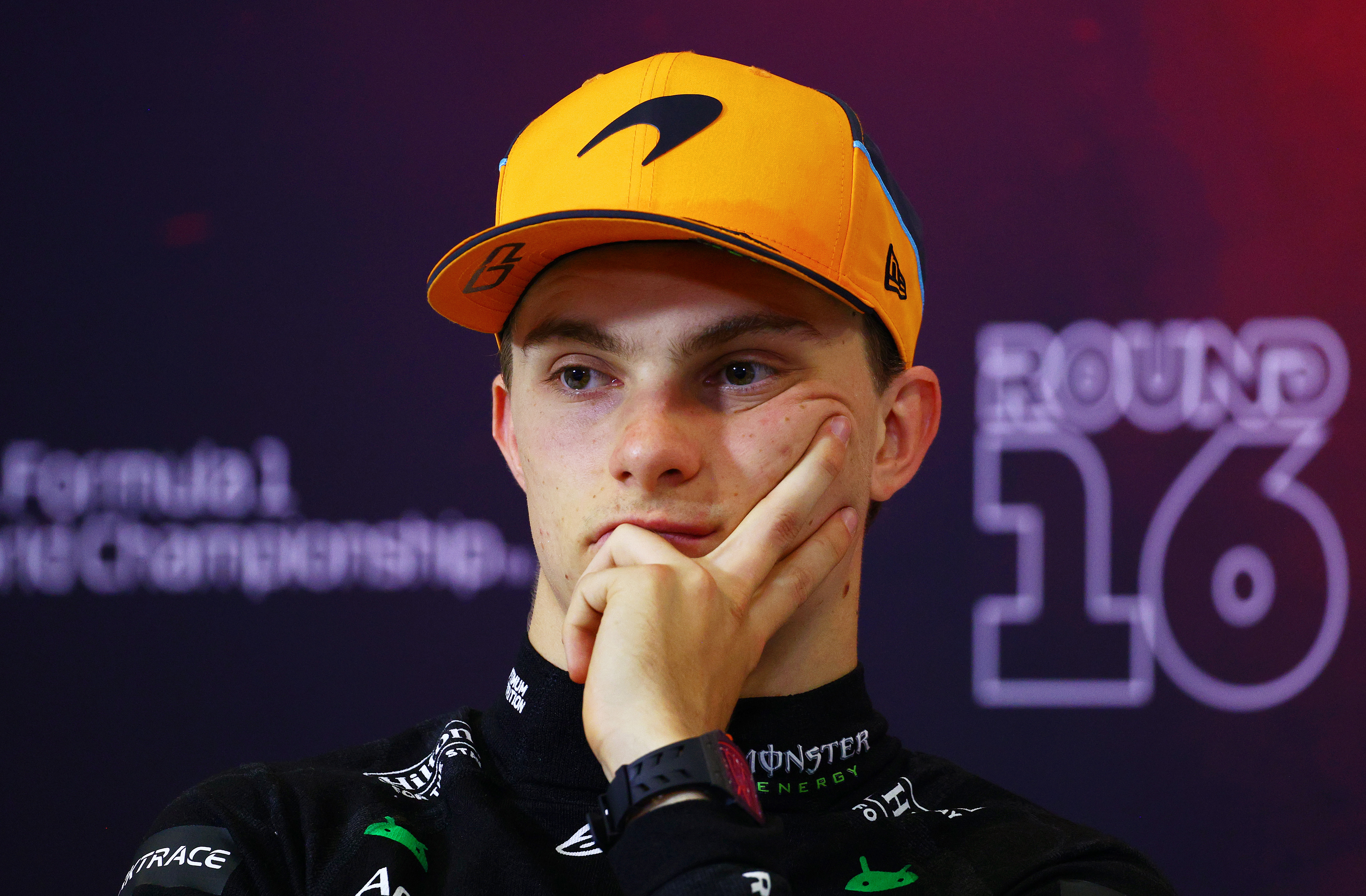 Third placed Oscar Piastri of Australia and McLaren attends the Drivers Press Conference during the F1 Grand Prix of Italy at Autodromo Nazionale Monza on September 01, 2024 in Monza, Italy. (Photo by Clive Rose/Getty Images)