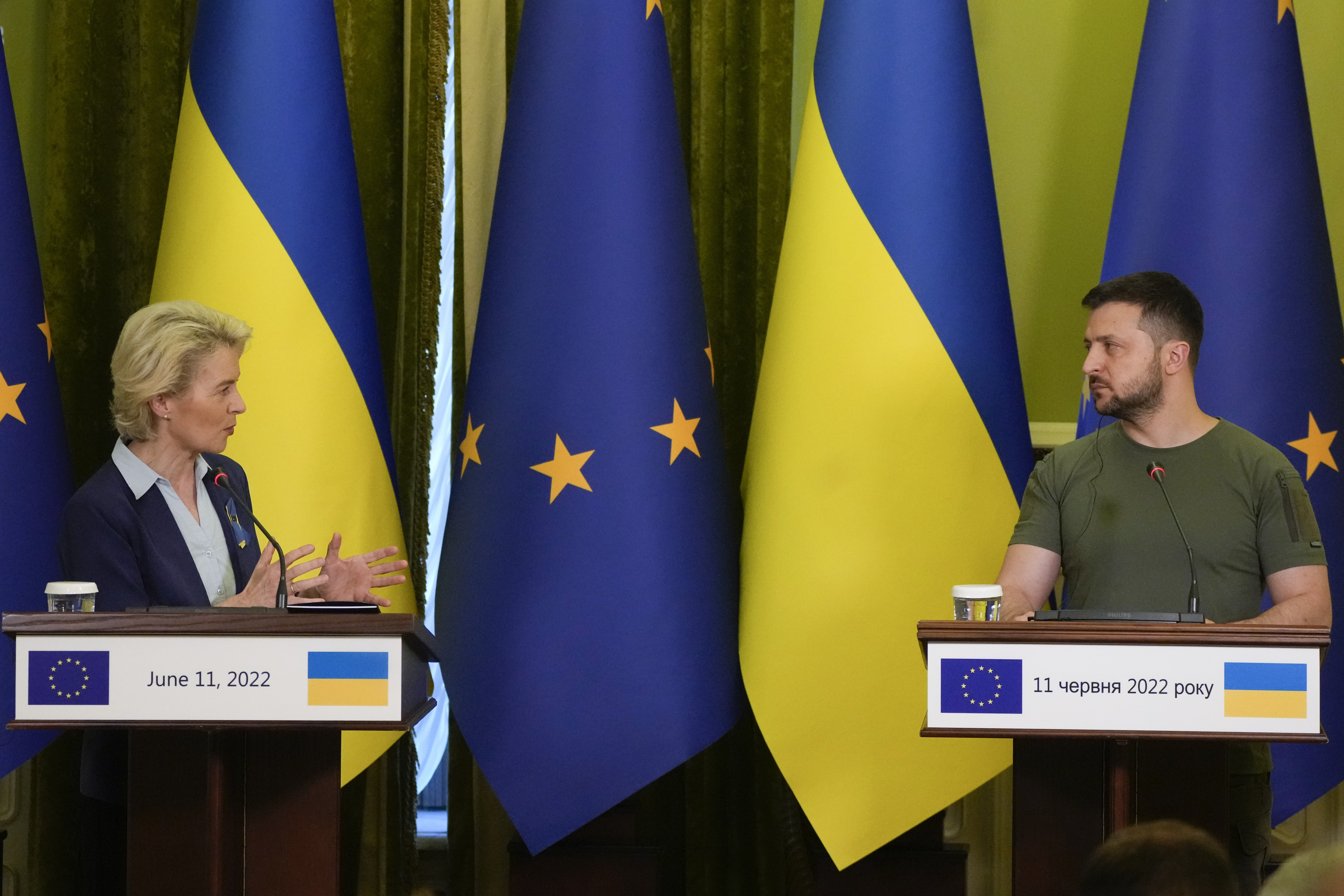 European Commission President Ursula von der Leyen, left, speaks during a joint press conference with Ukraine President Volodymyr Zelenskyy in Kyiv, Ukraine, Saturday, June 11, 2022. 