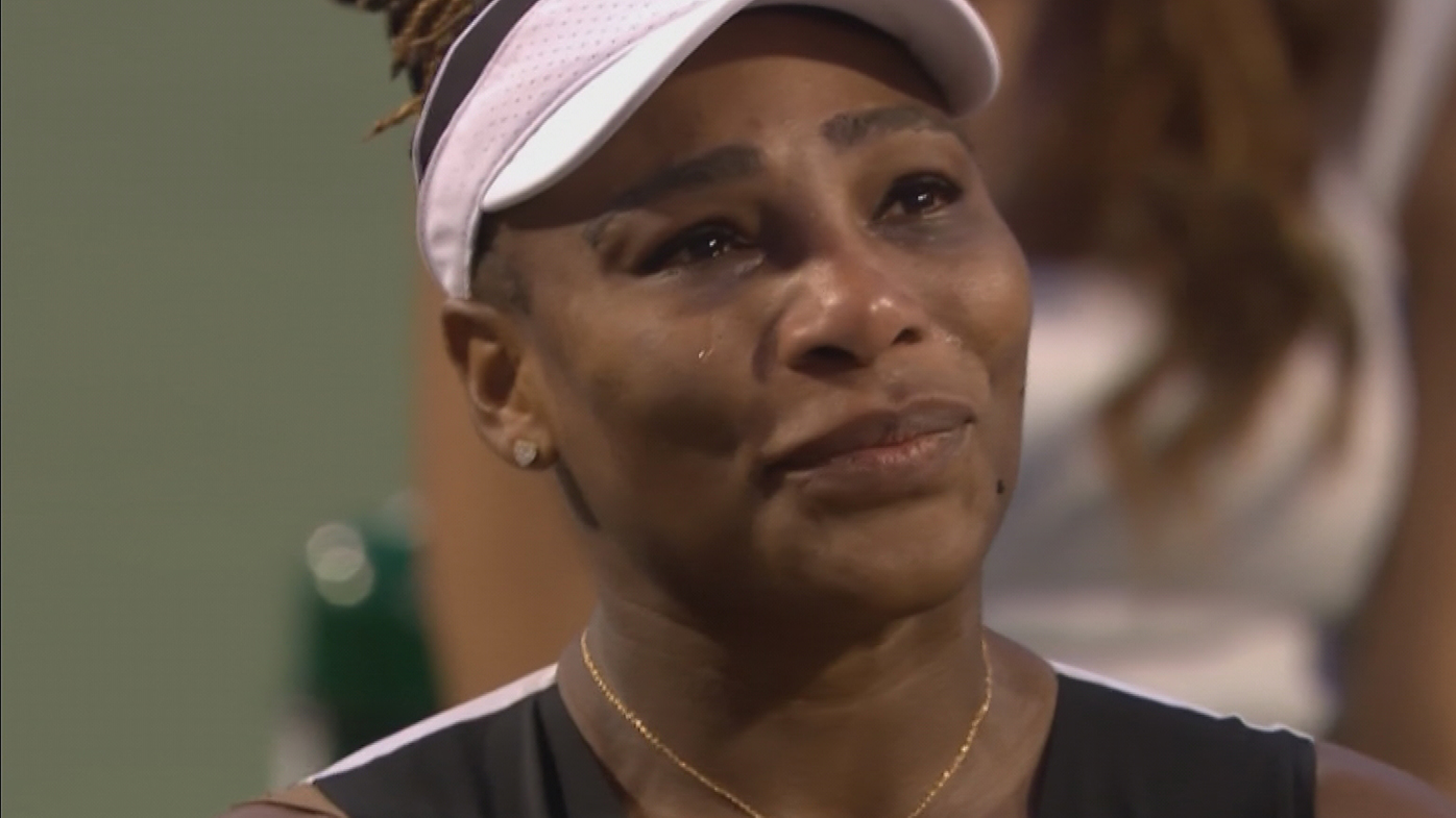 Serena Williams in tears after her loss to Belinda Bencic in Toronto.