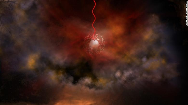 This is an artist's concept of a neutron star with an ultrastrong magnetic field, called a magnetar, emitting radio waves (in red).