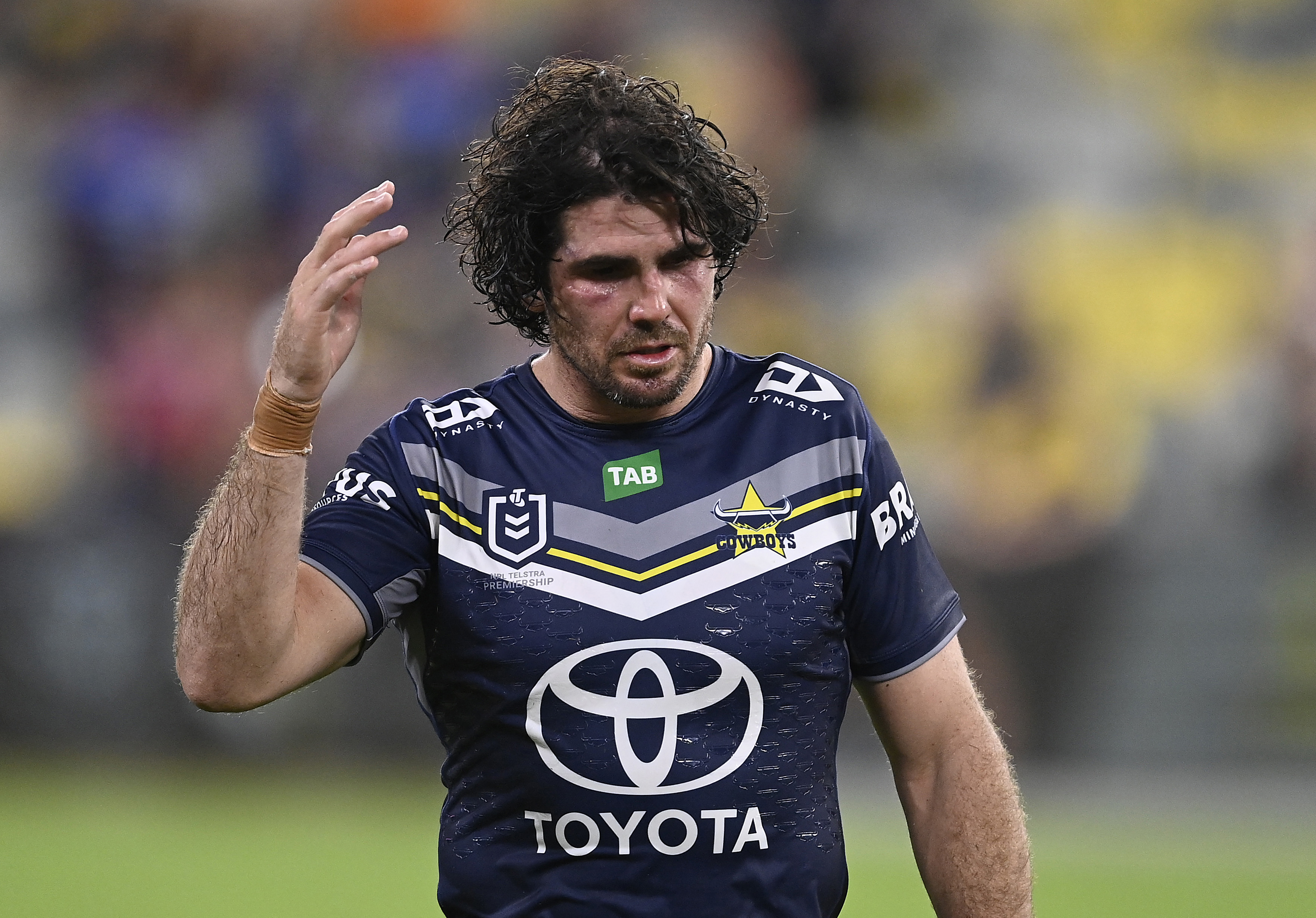 TOWNSVILLE, AUSTRALIA - APRIL 07: Jake Granville of the Cowboys looks dejected after losing  the round six NRL match between North Queensland Cowboys and Dolphins at Qld Country Bank Stadium on April 07, 2023 in Townsville, Australia. (Photo by Ian Hitchcock/Getty Images)