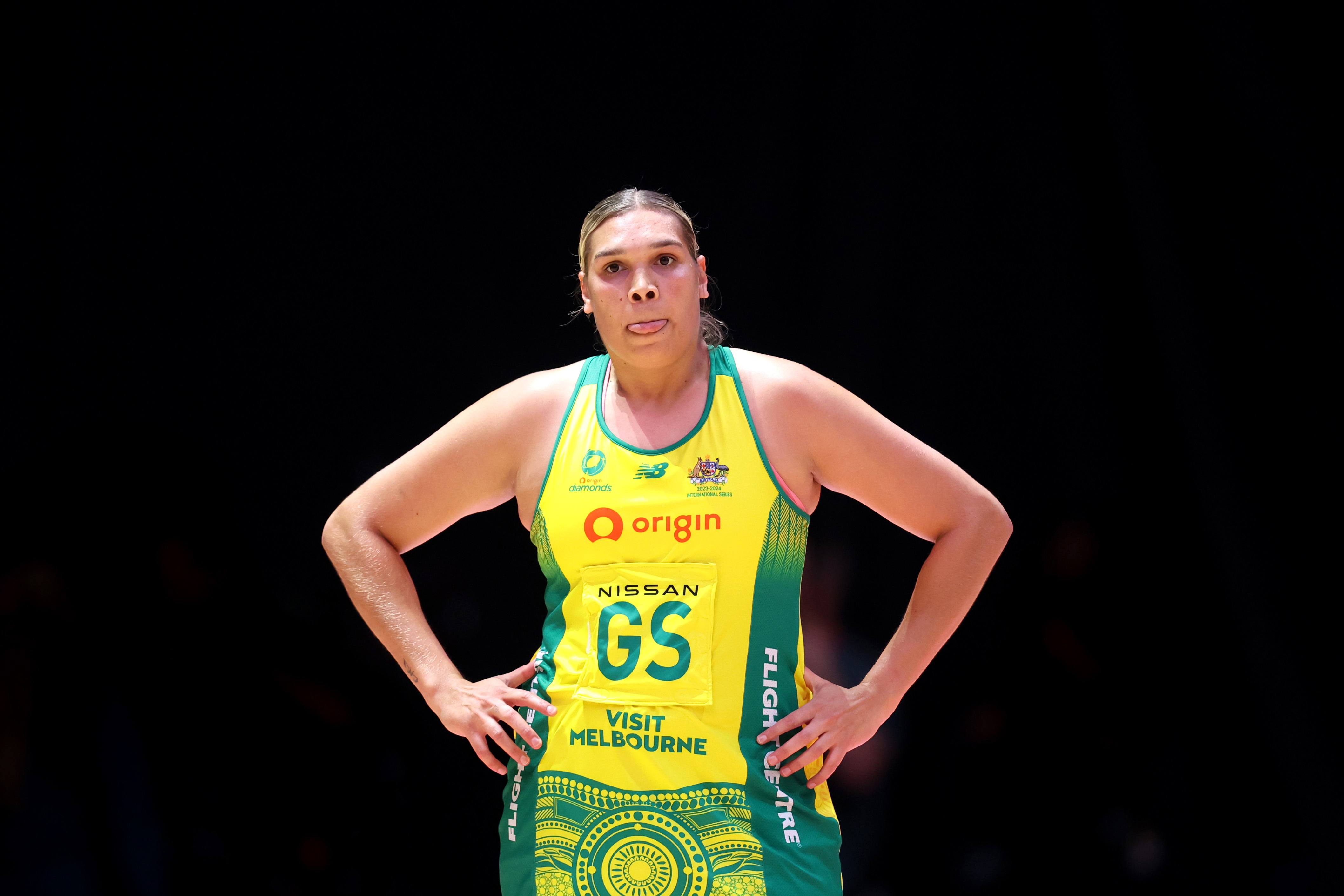 Donnell Wallam of Australia reacts during the Vitality Netball Nations Cup match between Australia Origin Diamonds and Uganda She Cranes at First Direct Arena on January 27, 2024 in Leeds, England. (Photo by George Wood/Getty Images)