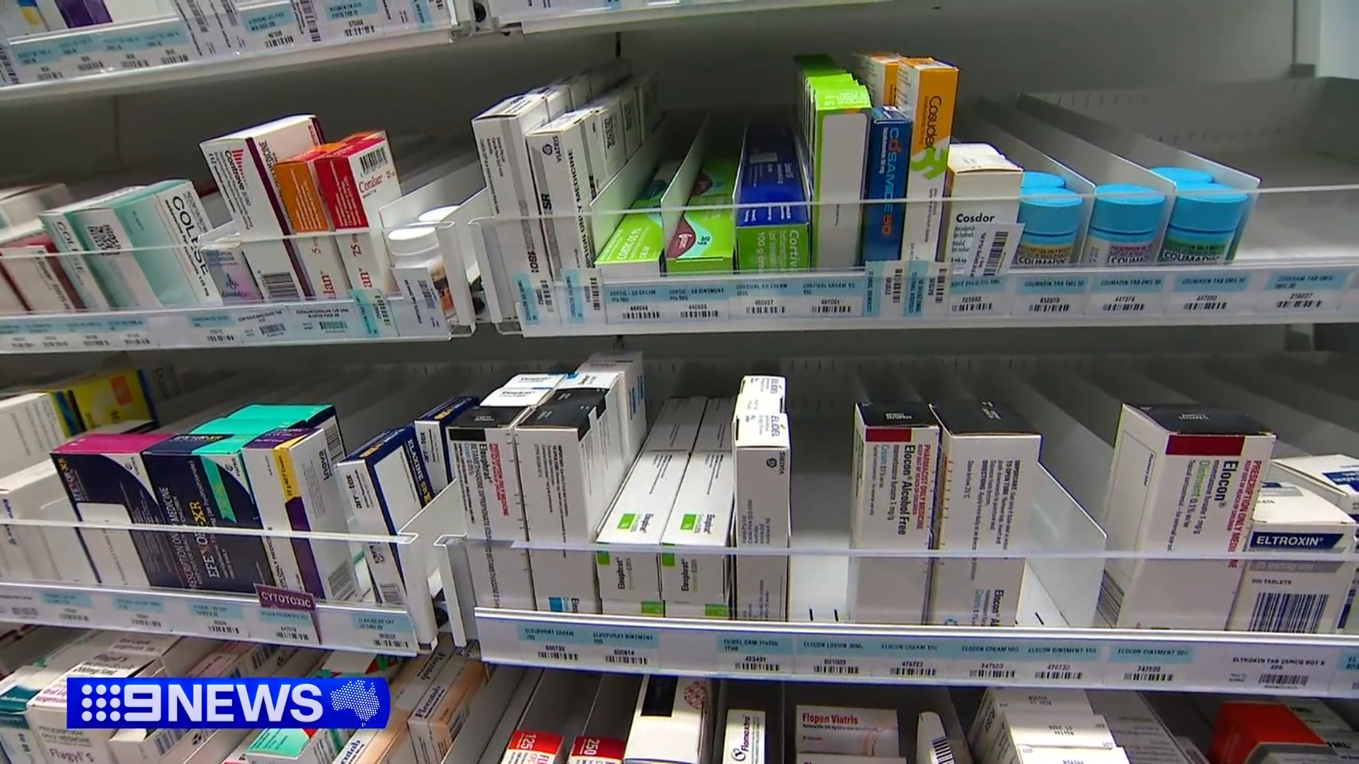 Medicines on a pharmacy shelf.