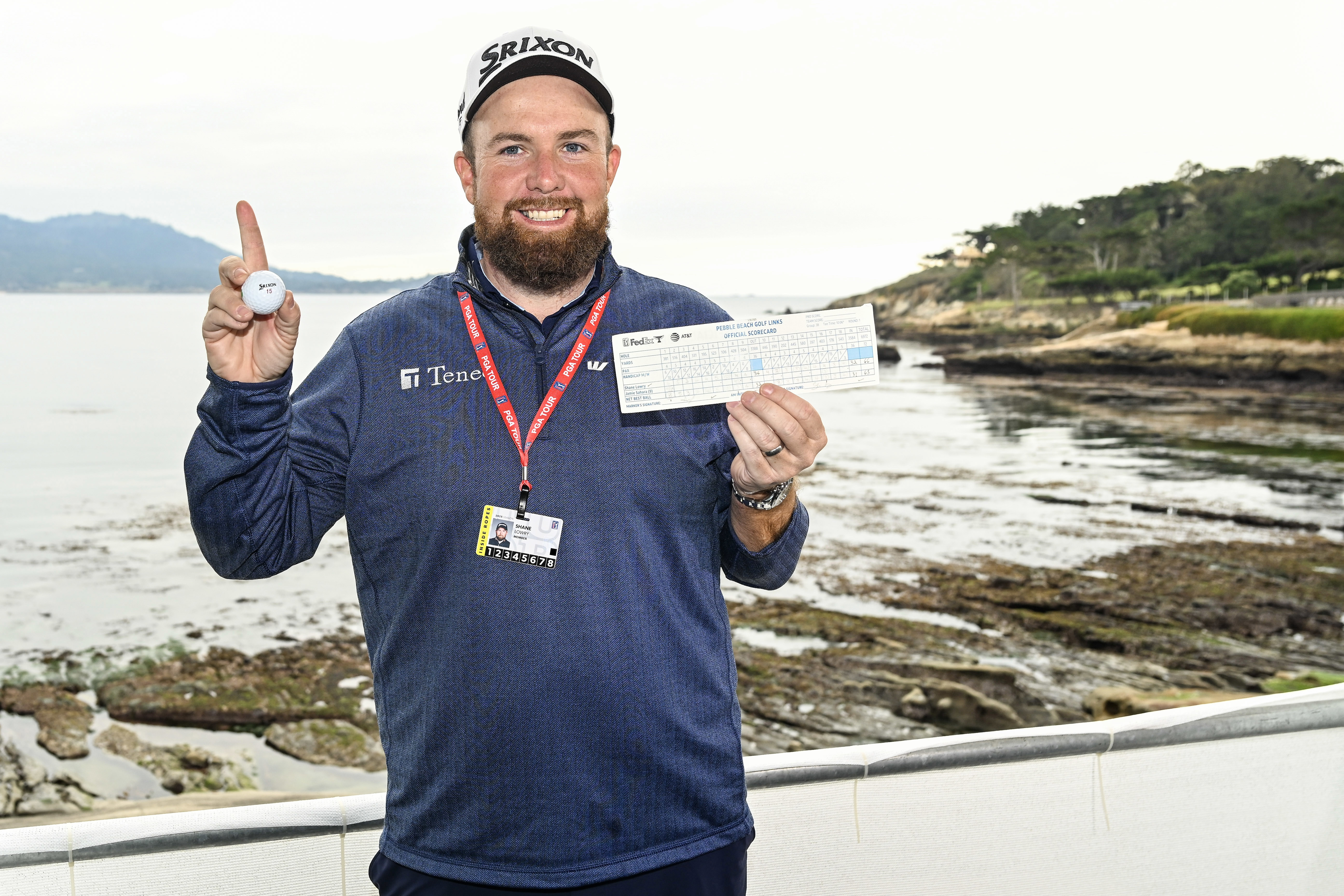 Shane Lowry of Ireland smiles with his scorecard and the Srixon ball he played for his hole-in-one on the seventh hole following the first round of the AT&T Pebble Beach Pro-Am at Pebble Beach Golf Links on January 30, 2025 in Pebble Beach, California. This was Lowrys third career ace on the TOUR. (Photo by Keyur Khamar/PGA TOUR via Getty Images)