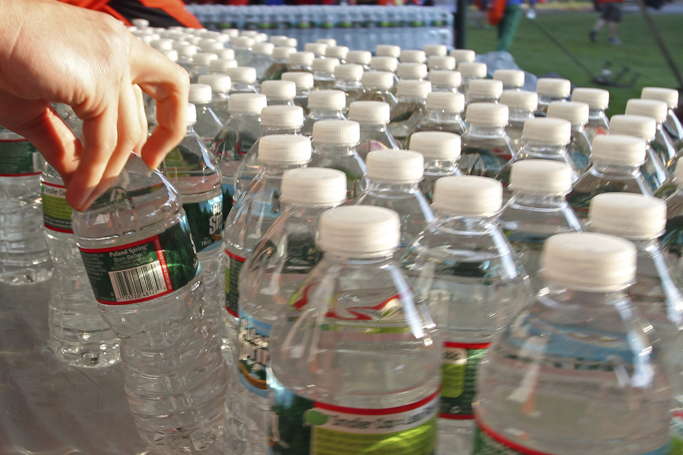 Rows of bottled water.