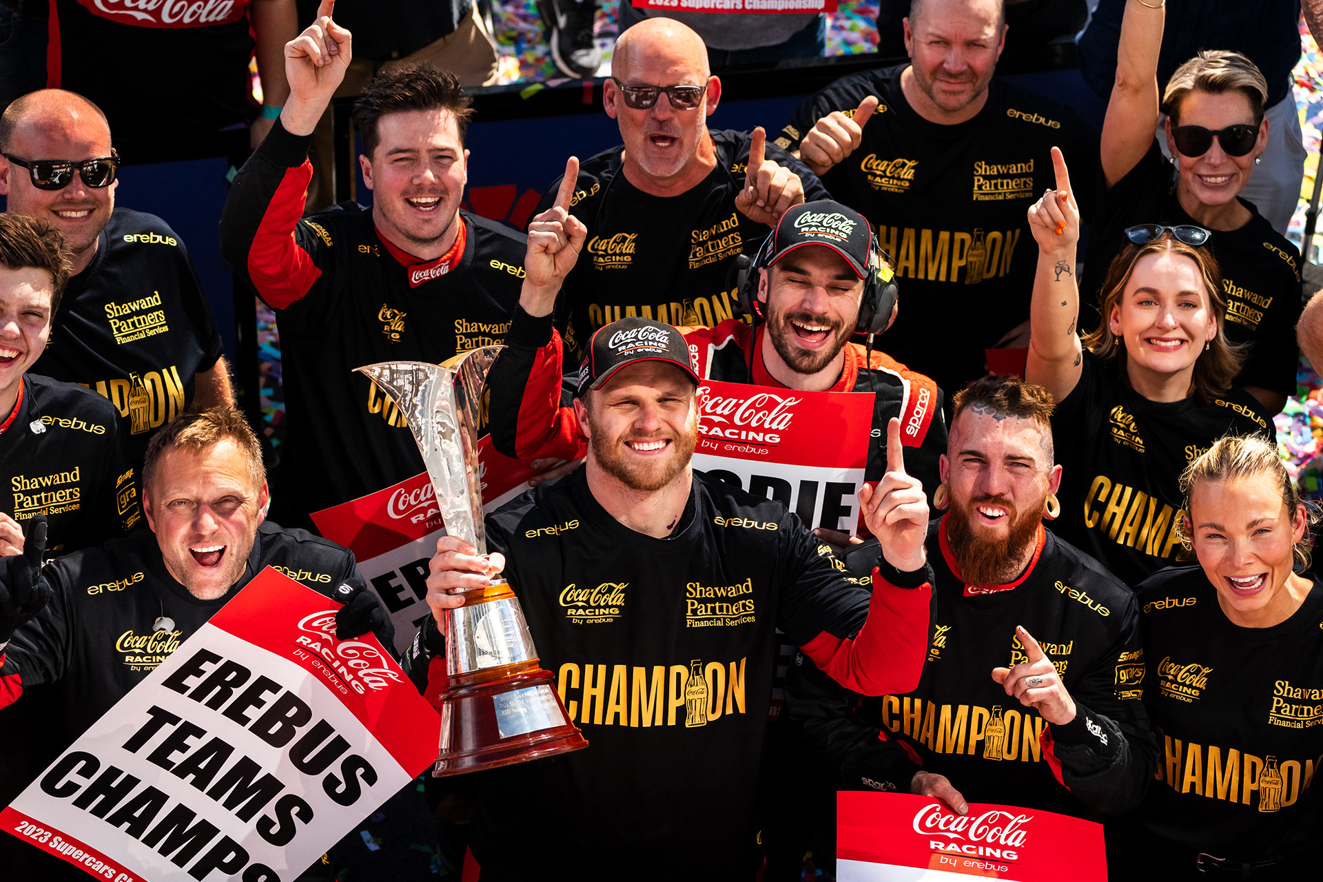 Brodie Kostecki celebrates winning the 2023 Supercars drivers' championship with his Erebus Motorsport team.