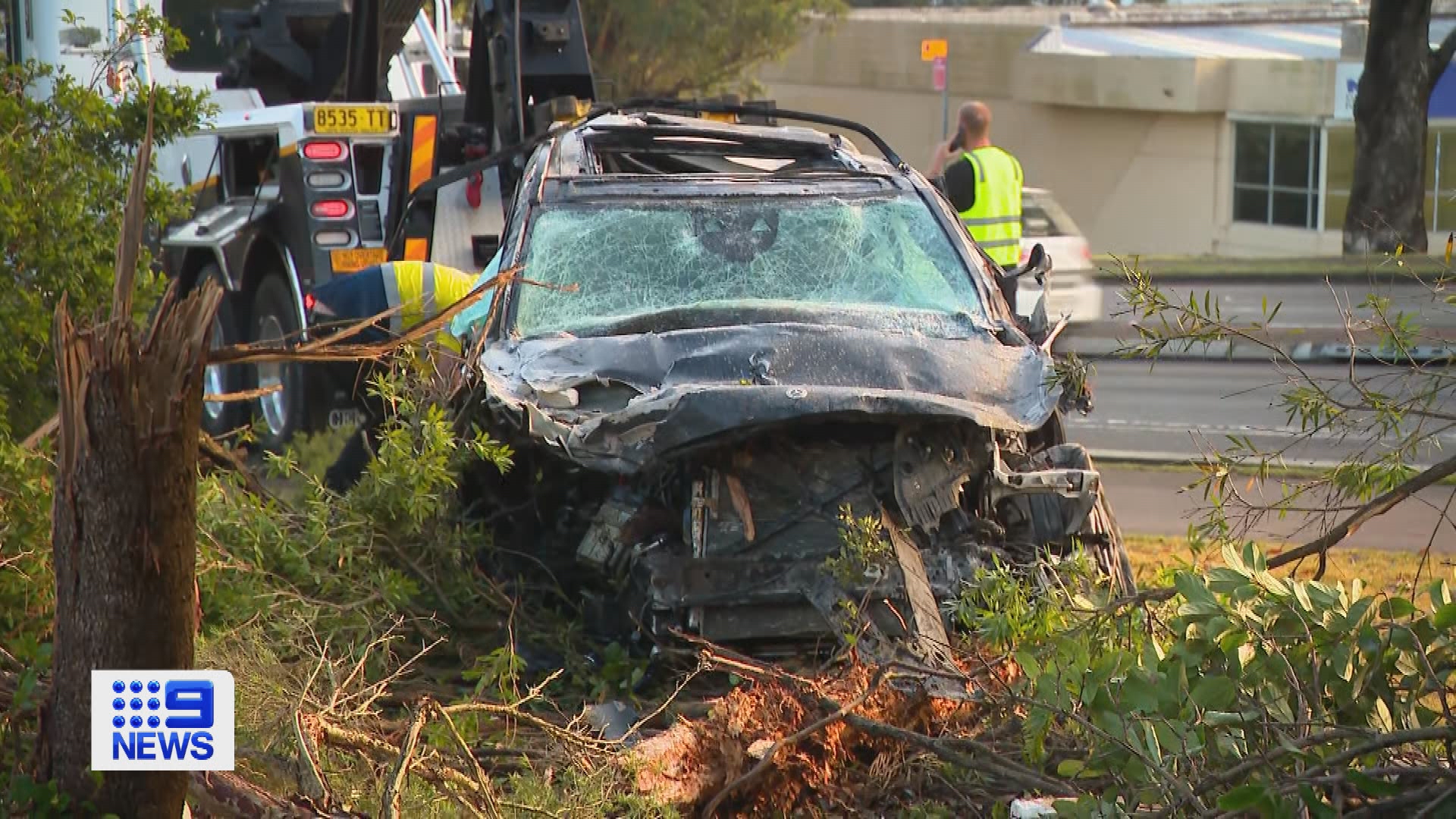 A luxury car has ploughed through a concrete wall and left a scene of destruction in Sydney's Norwest.