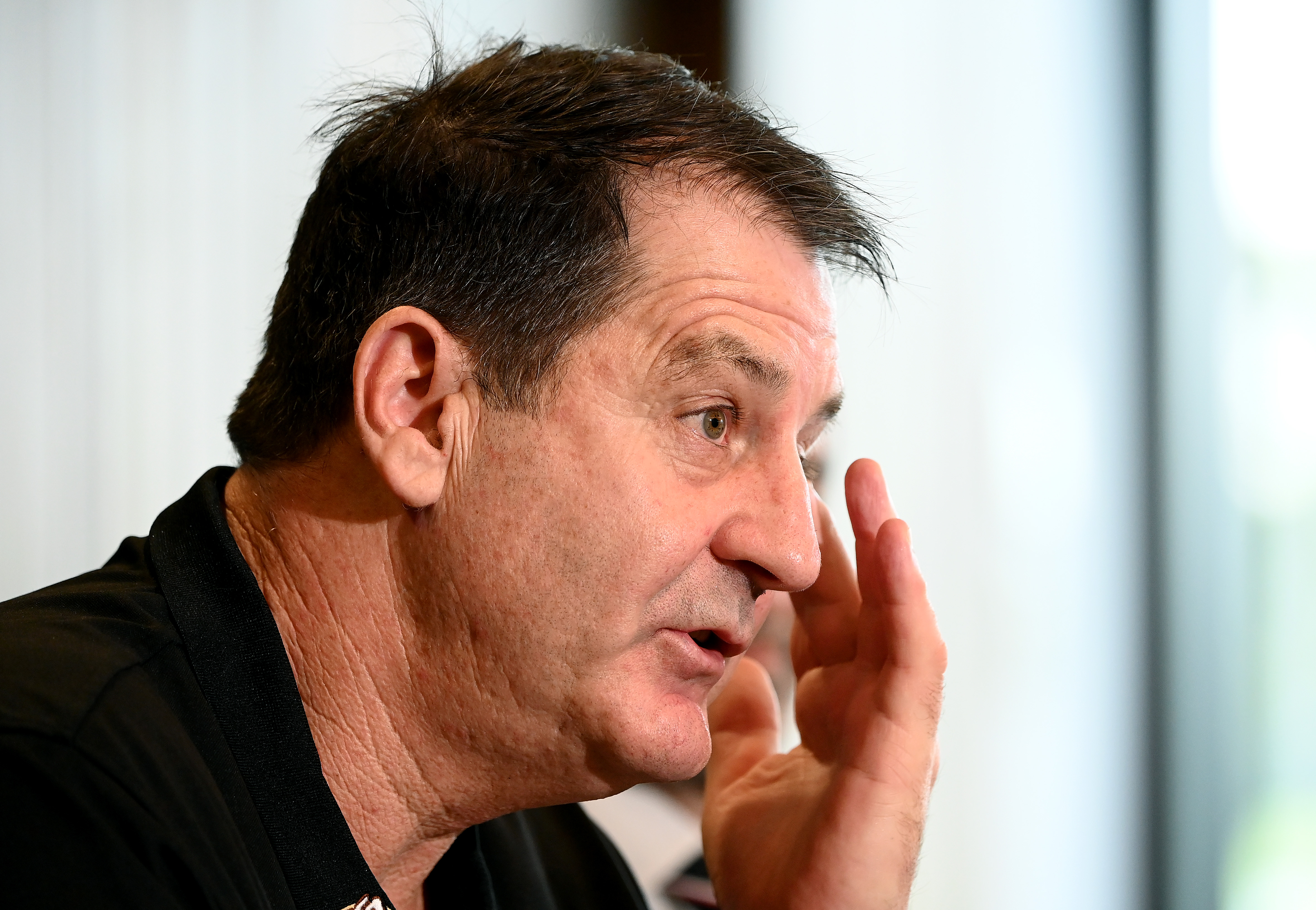 MELBOURNE, AUSTRALIA - OCTOBER 24: Ross Lyon the new coach of the Saints speaks to the media during a St Kilda Saints AFL press conference at RSEA Park on October 24, 2022 in Melbourne, Australia. (Photo by Quinn Rooney/Getty Images)
