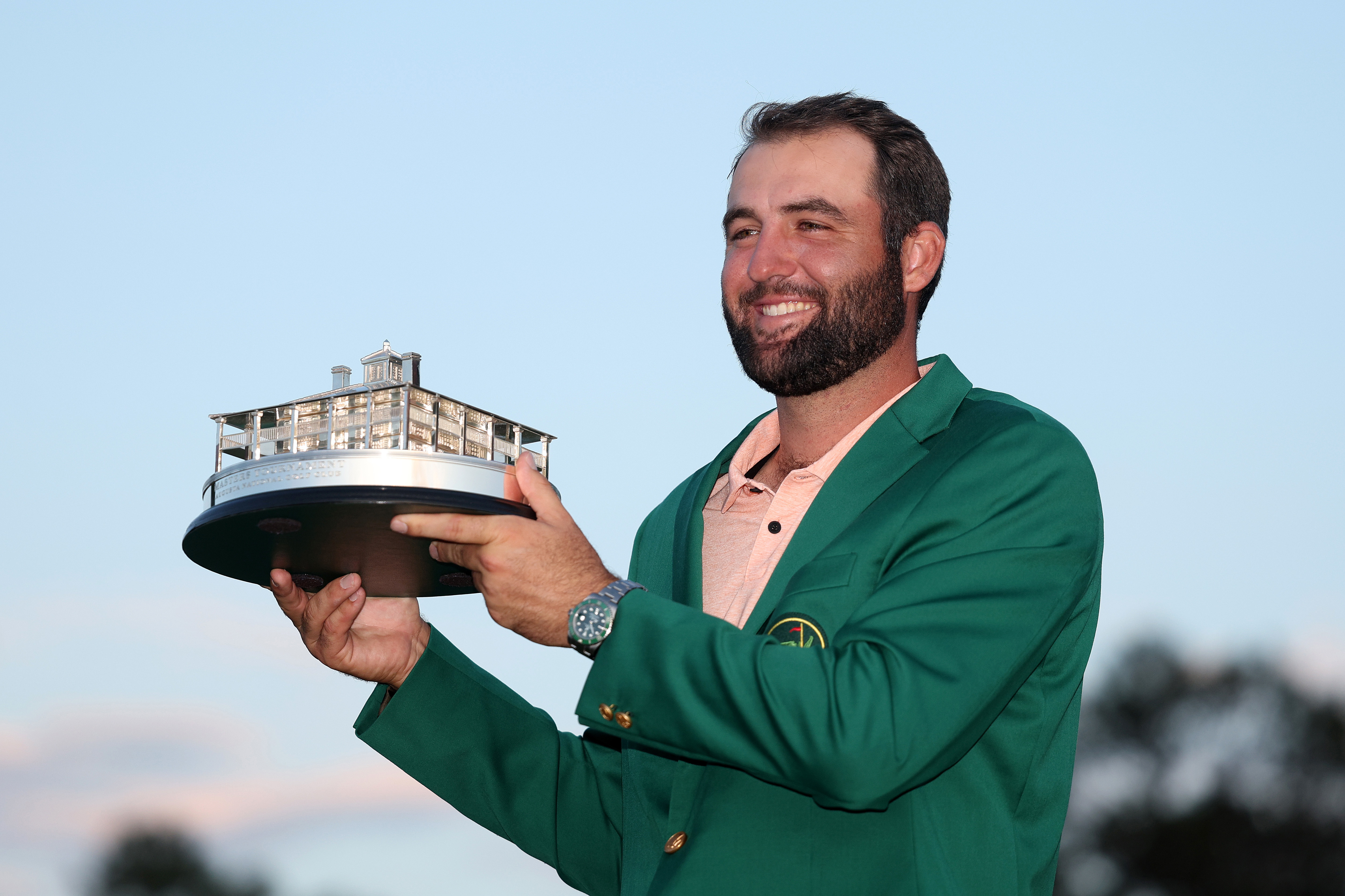 Scottie Scheffler of the United States poses with the Masters trophy after winning the 2024 Masters Tournament at Augusta National Golf Club on April 14, 2024 in Augusta, Georgia. (Photo by Warren Little/Getty Images)