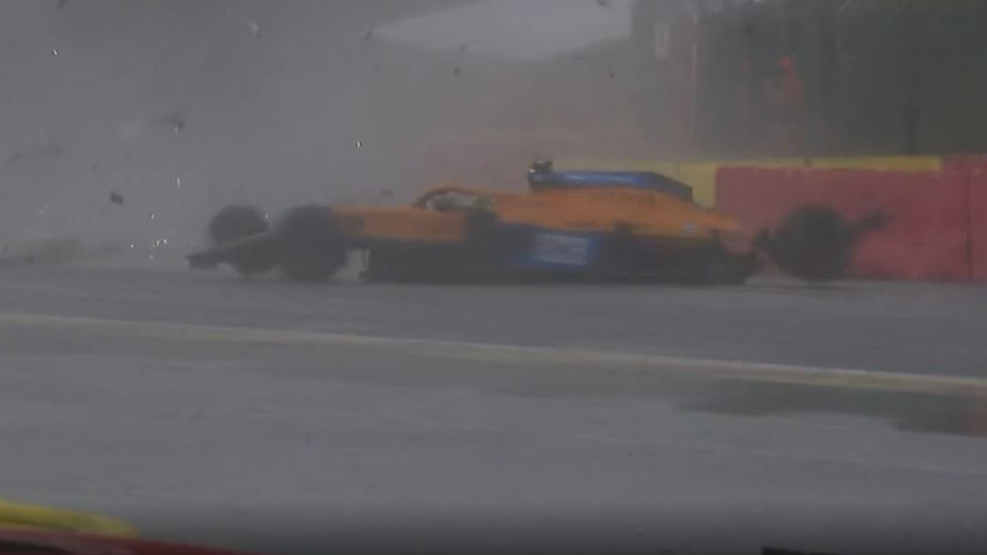 Lando Norris crashes heavily in appalling conditions during qualifying for the Belgian Grand Prix.