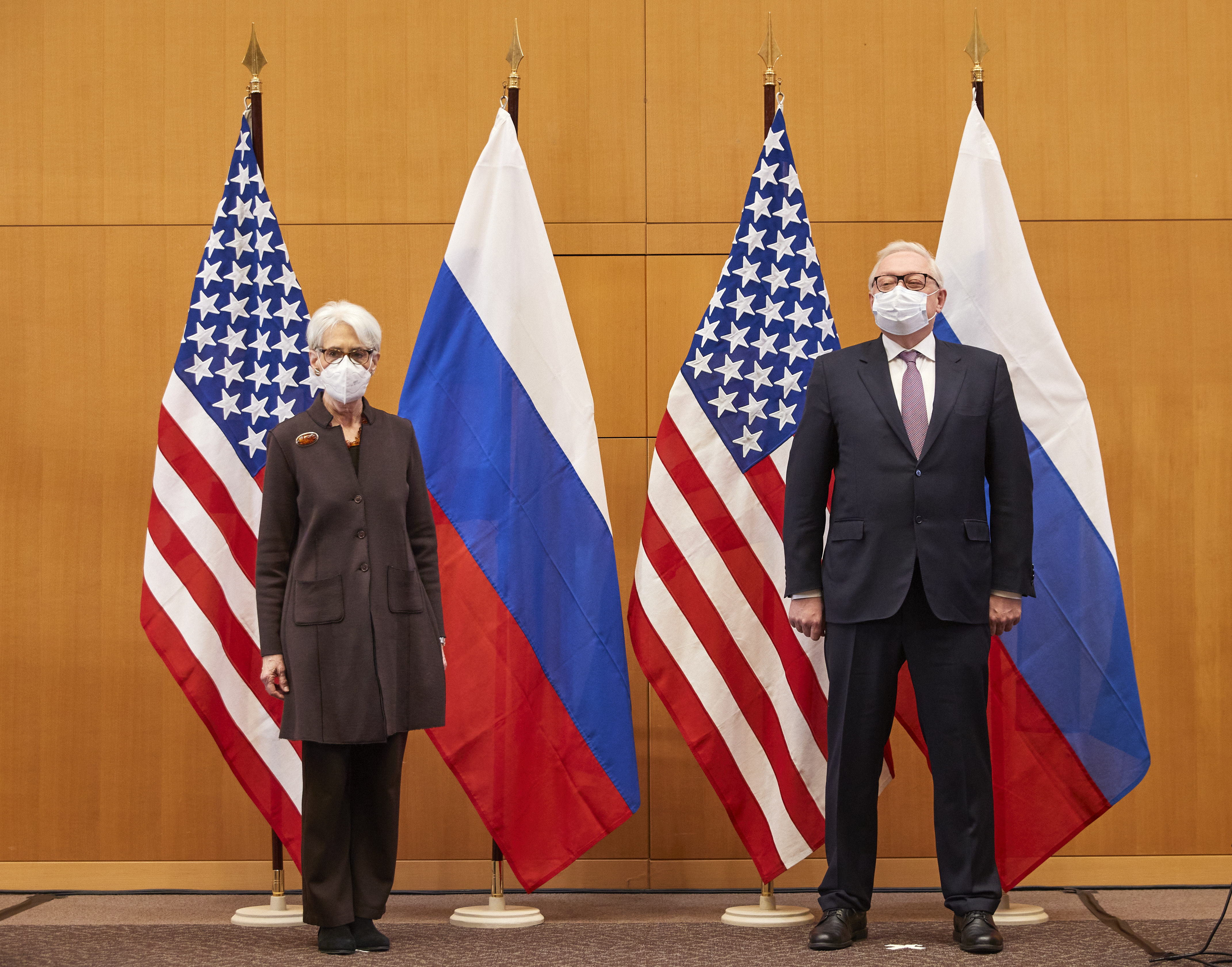 US Deputy Secretary of State Wendy Sherman, left, and Russian deputy foreign minister Sergei Ryabkov attended security talks at the United States Mission in Geneva, Switzerland.