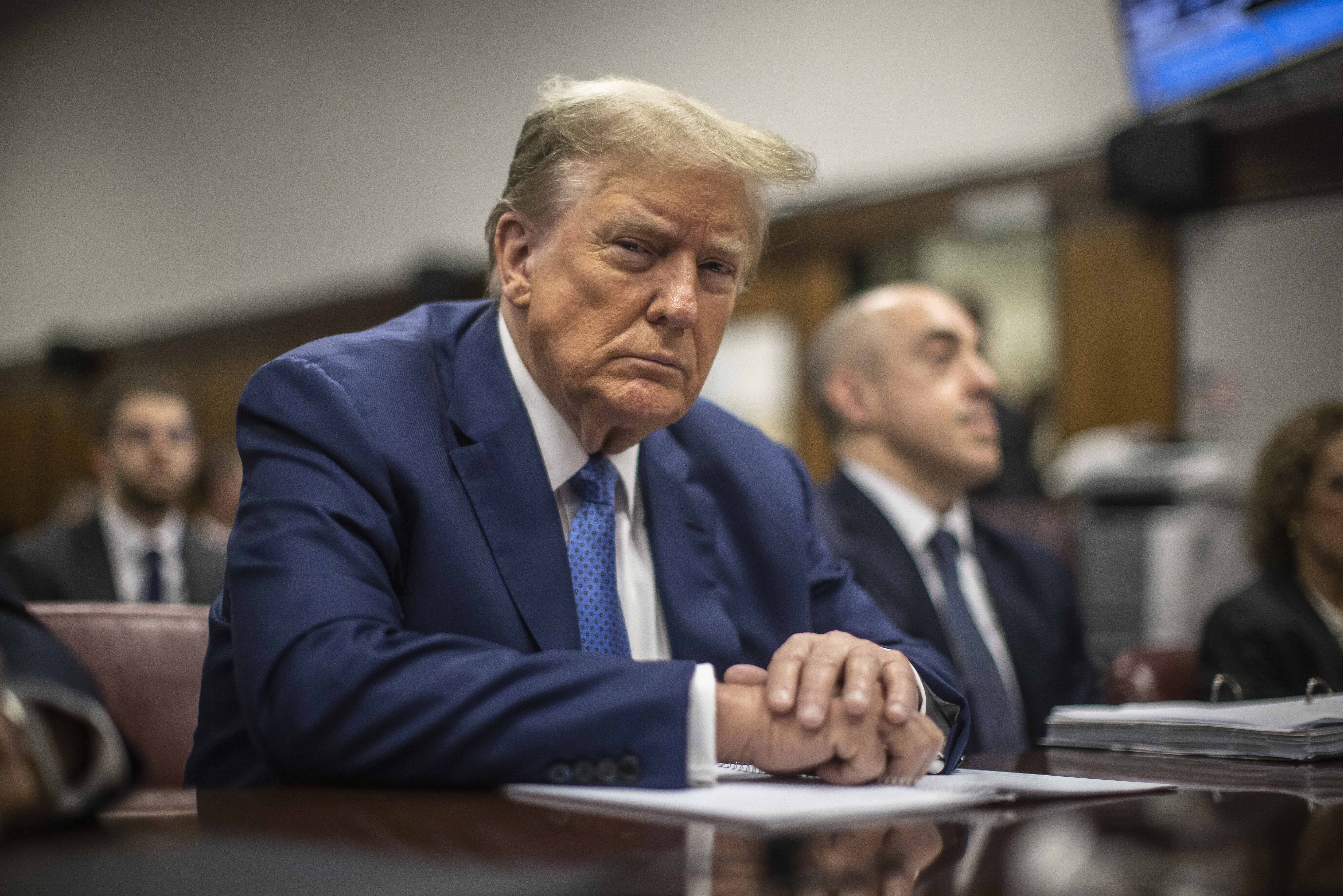 Former President Donald Trump sits in Manhattan Criminal Court in New York, on May 20, 2024. (Dave Sanders/The New York Times via AP, Pool)