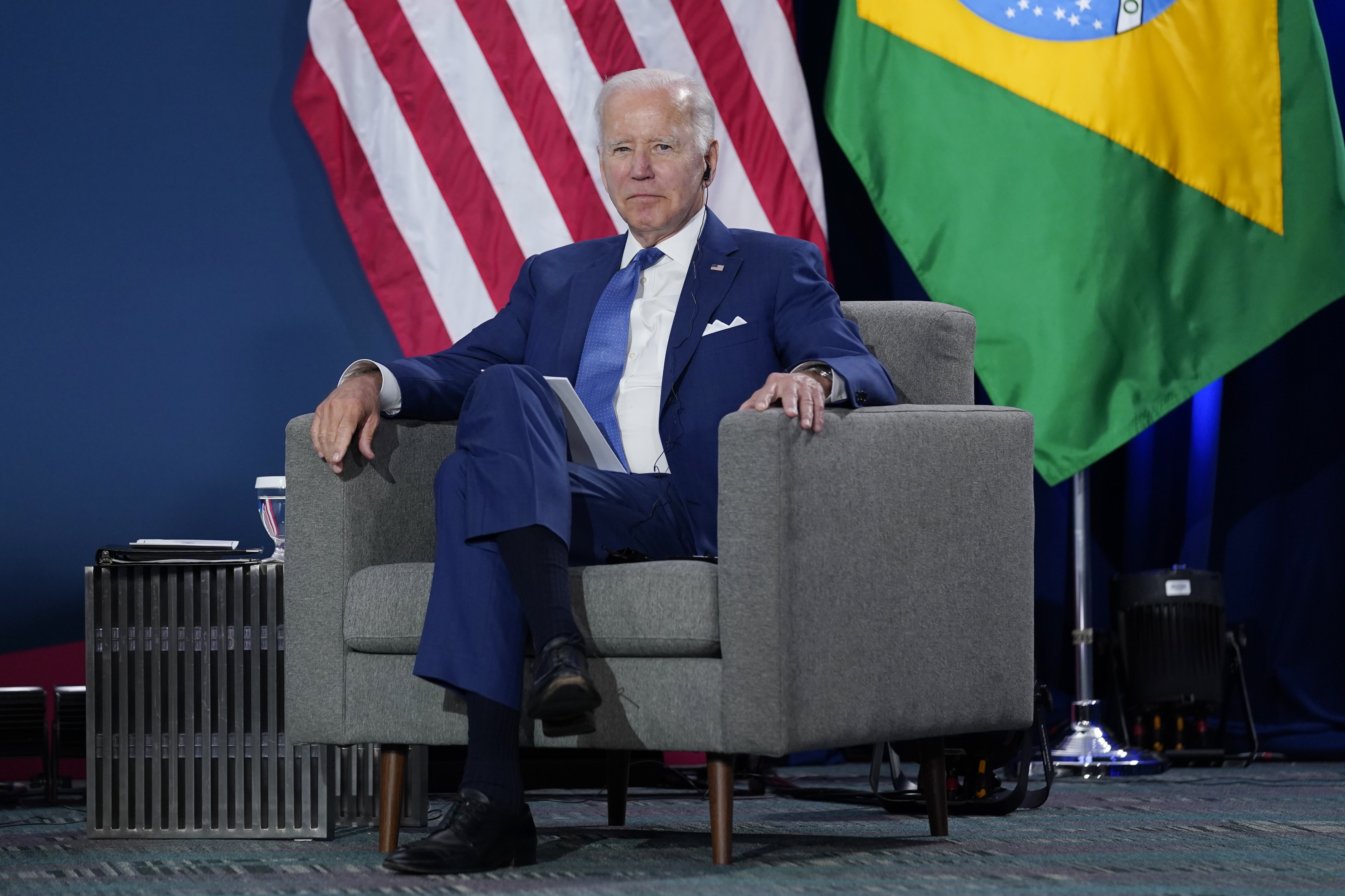President Joe Biden listens at a meeting with Brazilian President Jair Bolsonaro during the Summit of the Americas, Thursday, June 9, 2022, in Los Angeles. (AP Photo/Evan Vucci)