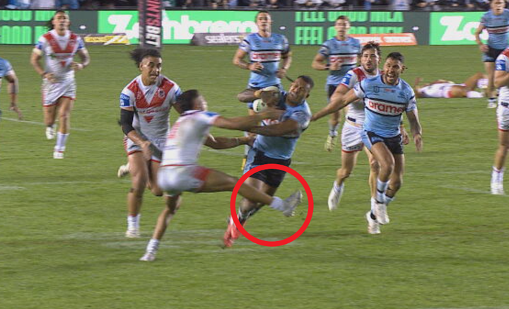 Sione Katoa tripped by Tyrell Sloan.