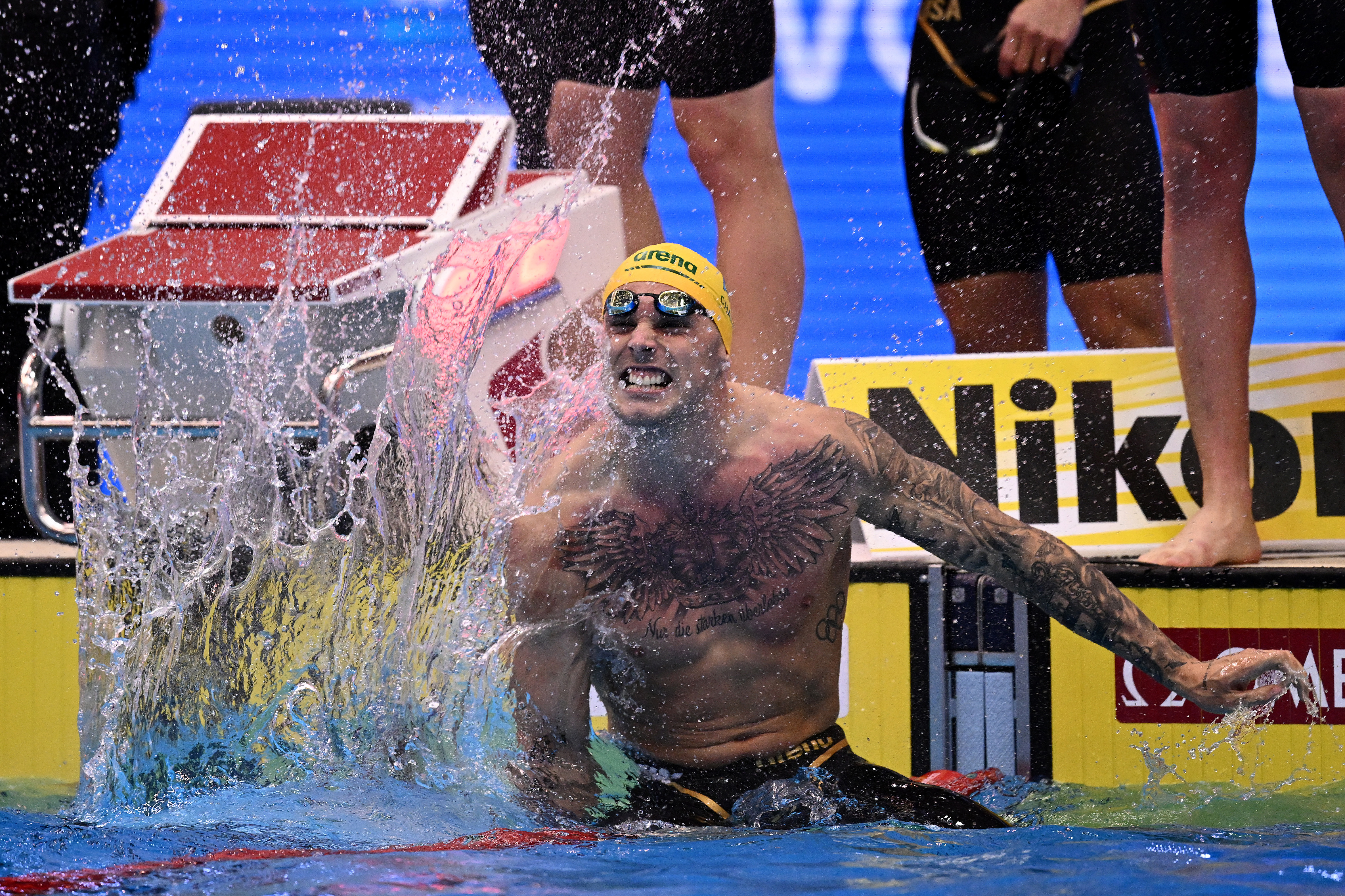 FUKUOKA, JAPAN - JULY 23:  Kyle Chalmers of Team Australia competes in the Men's 4 x 100m Freestyle Relay Final on day one of the Fukuoka 2023 World Aquatics Championships at Marine Messe Fukuoka Hall A on July 23, 2023 in Fukuoka, Japan. (Photo by Quinn Rooney/Getty Images)