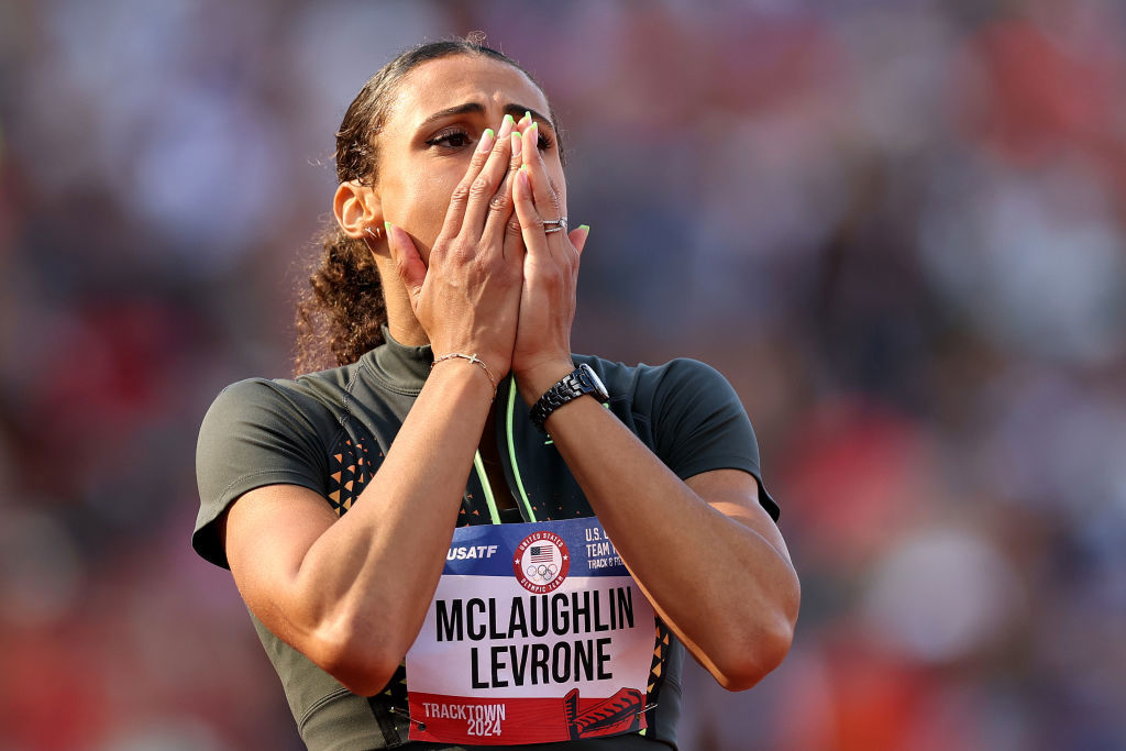 2024 U.S. Olympic Team Track & Field Trials; Sydney McLaughlin-Levrone reacts after setting a new world record in the women's 400 meter hurdles.