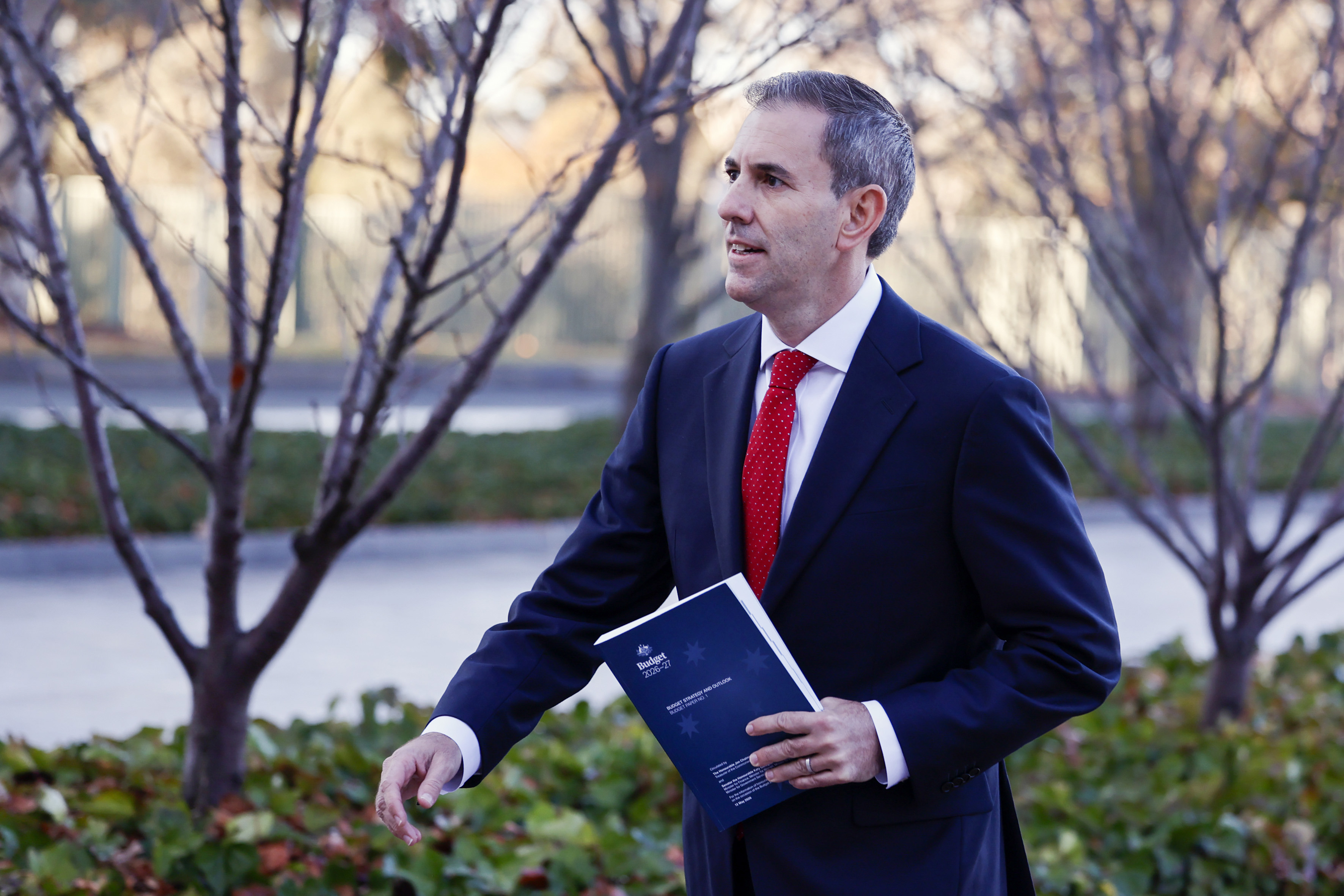 Treasurer Jim Chalmers arrives at Australian Parliament House ahead of handing down the 2026 budget on May 12, 2026 in Canberra, Australia.