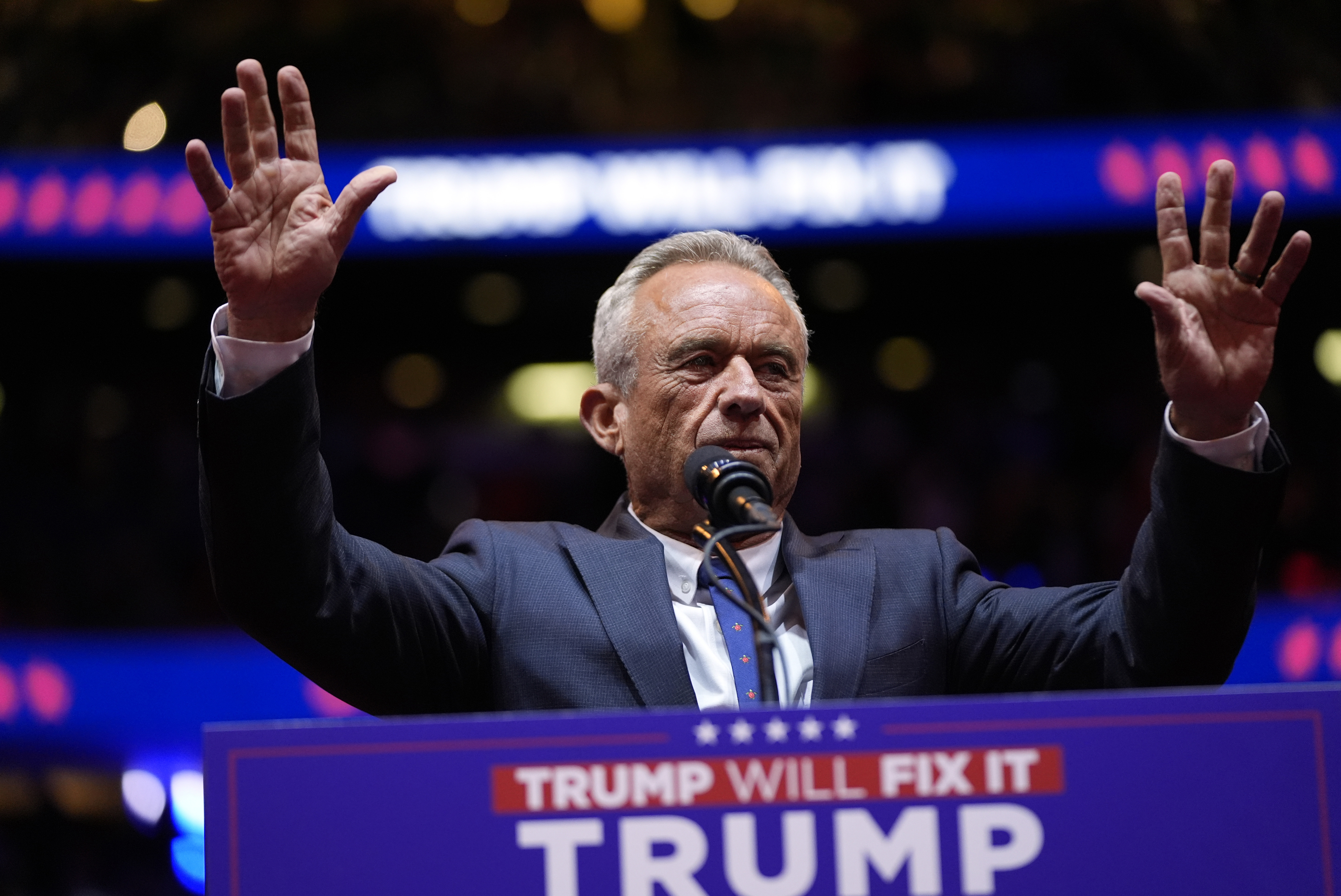 Robert F. Kennedy Jr., speaks before Republican presidential nominee former President Donald Trump at a campaign rally at Madison Square Garden, Sunday, Oct. 27, 2024, in New York. (AP Photo/Alex Brandon)