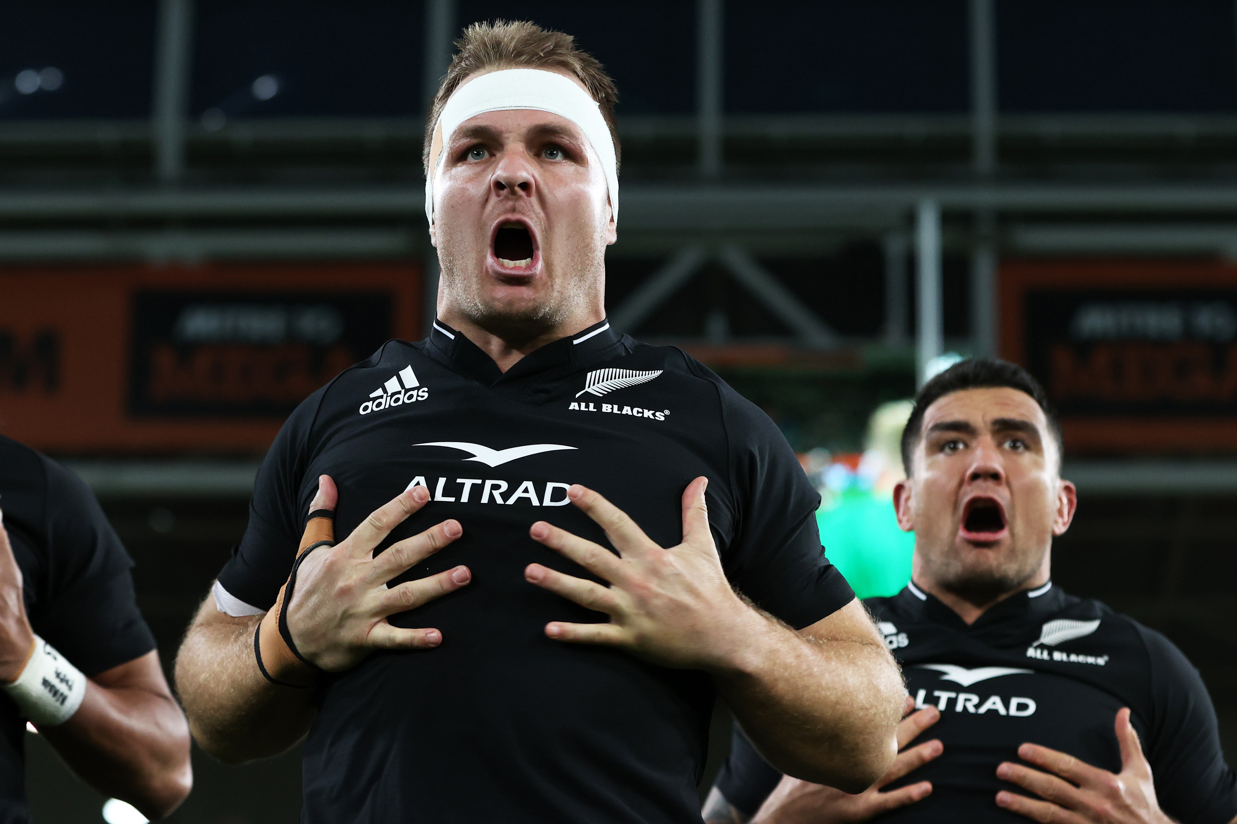 Sam Cane of the All Blacks performs the haka.