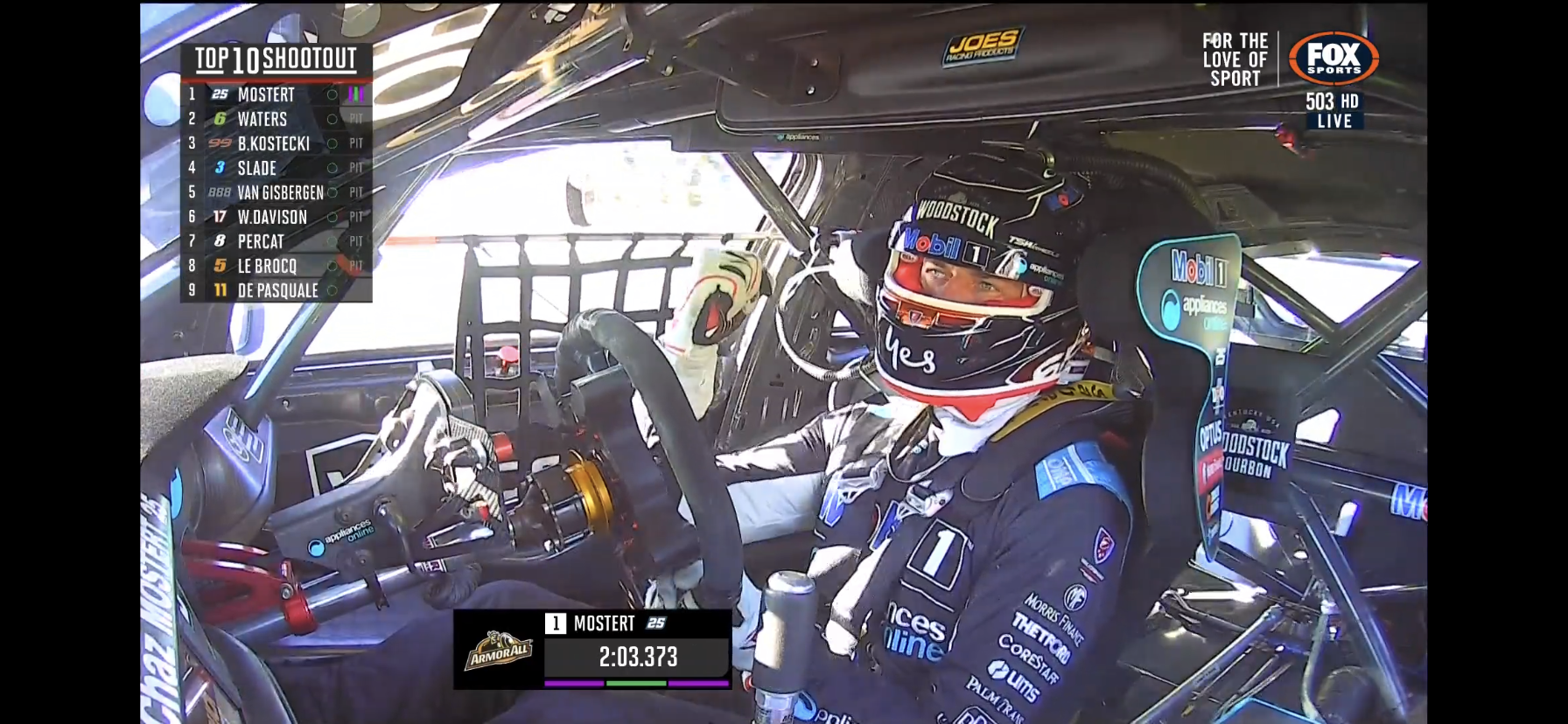 Chaz Mostert punches the air after registering the fastest lap in the Top 10 Shootout.