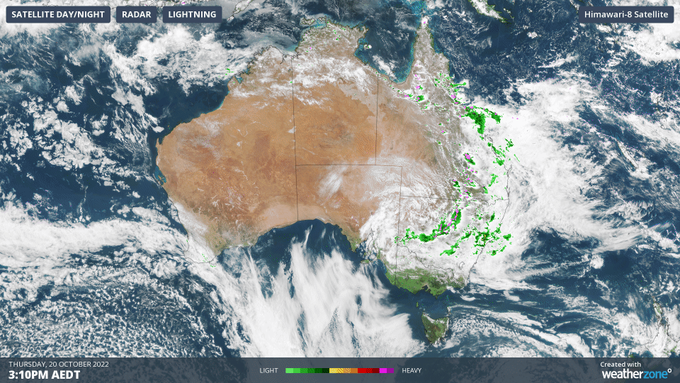 Weatherzone radar shows the storm activity hovering over the east coast. 