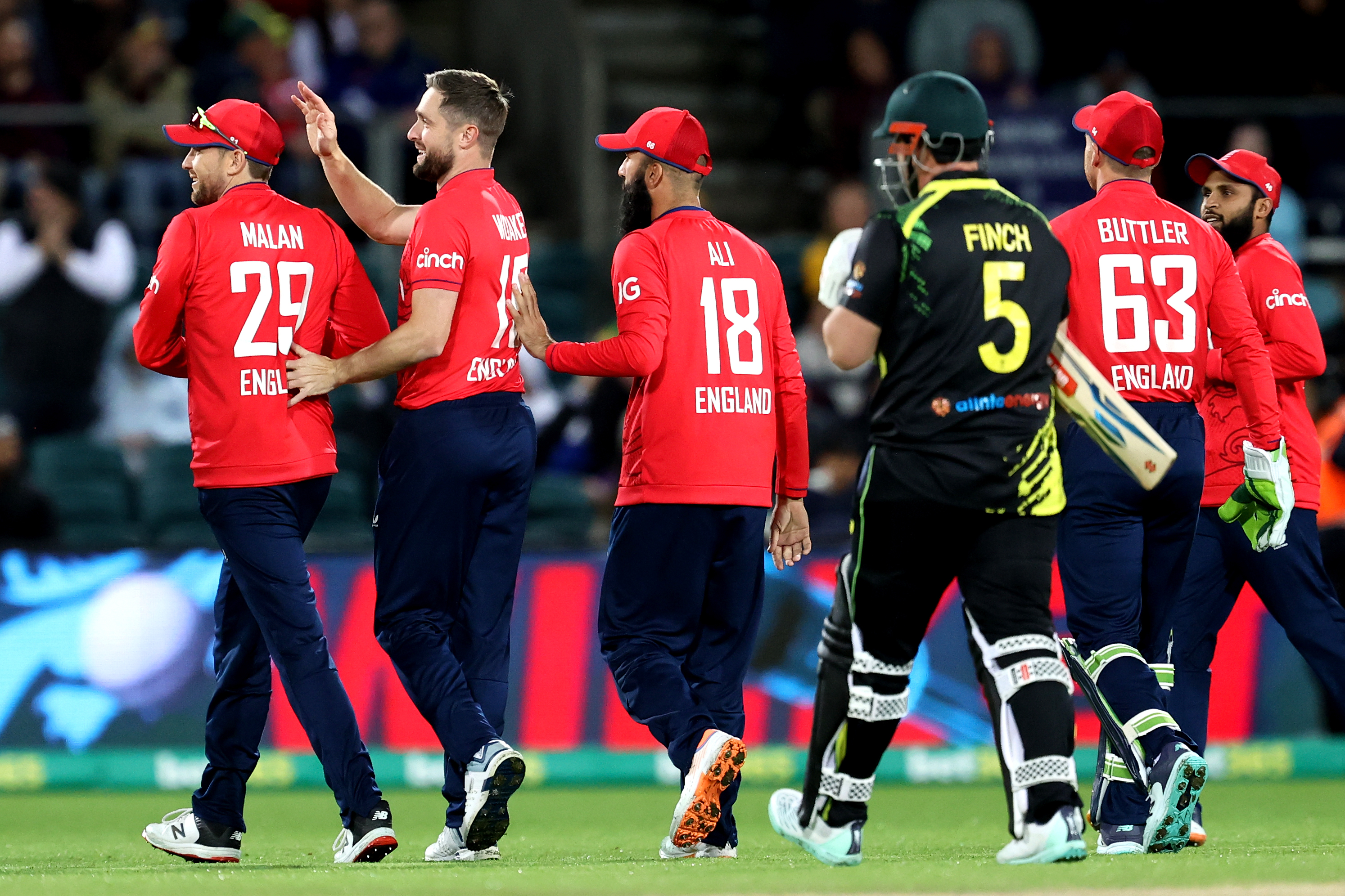 Chris Woakes of England celebrates after claiming the wicket of Aaron Finch of Australia during game three of the T20 International series between Australia and England at Manuka Oval on October 14, 2022 in Canberra, Australia. (Photo by Brendon Thorne/Getty Images)