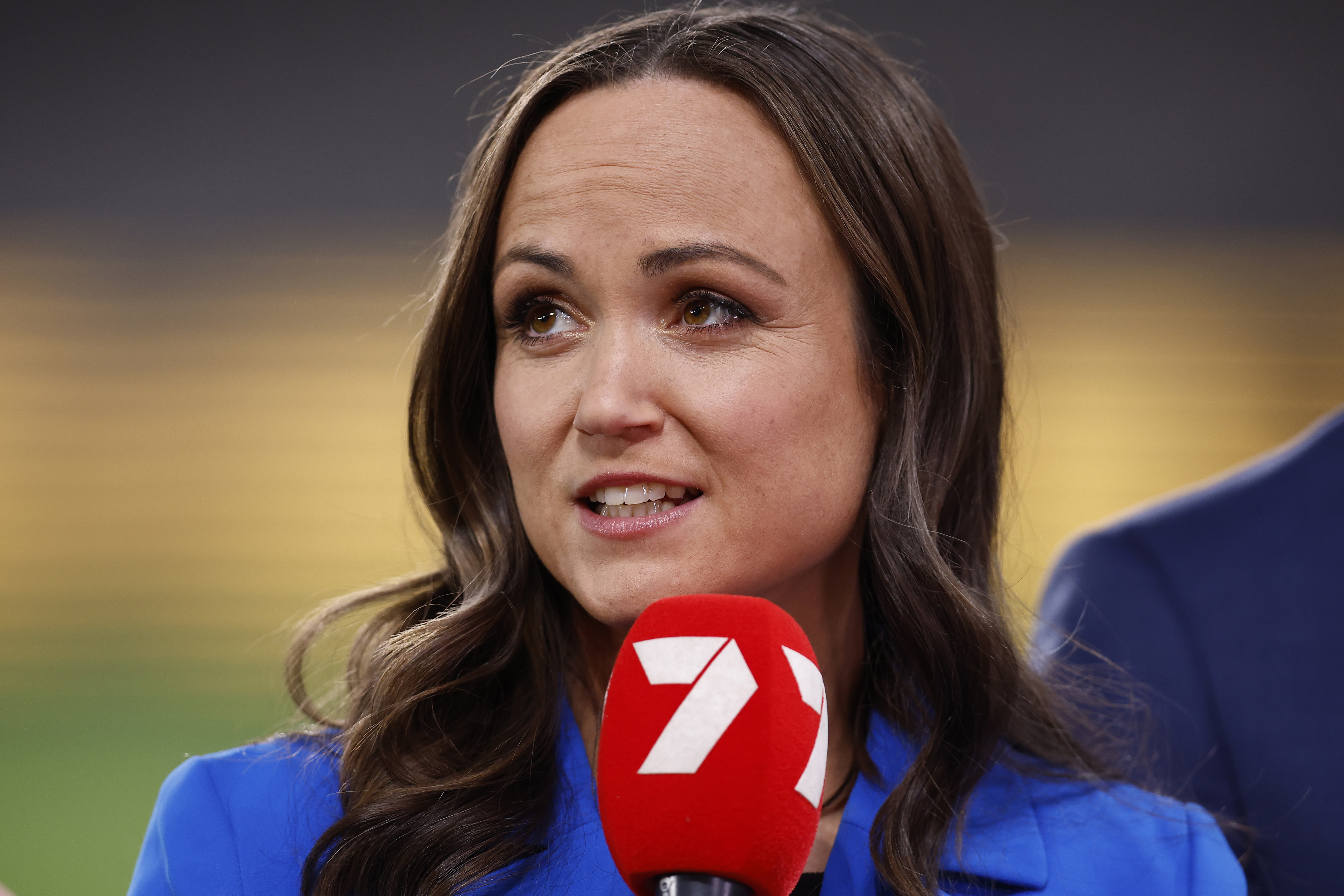 MELBOURNE, AUSTRALIA - JULY 22: Football expert and current AFLW player Daisy Pearce is seen before the round 19 AFL match between the Richmond Tigers and the Fremantle Dockers at Marvel Stadium on July 22, 2022 in Melbourne, Australia. (Photo by Darrian Traynor/Getty Images)