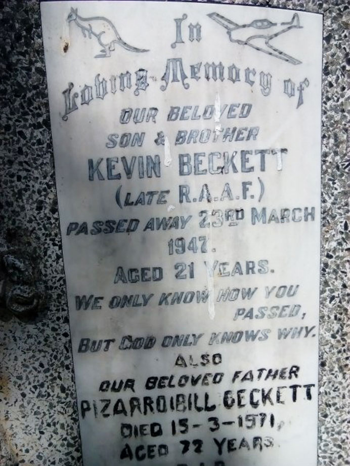 The headstone on the Beckett family grave, commemorating war veterans Pizarro and Kevin Beckett.