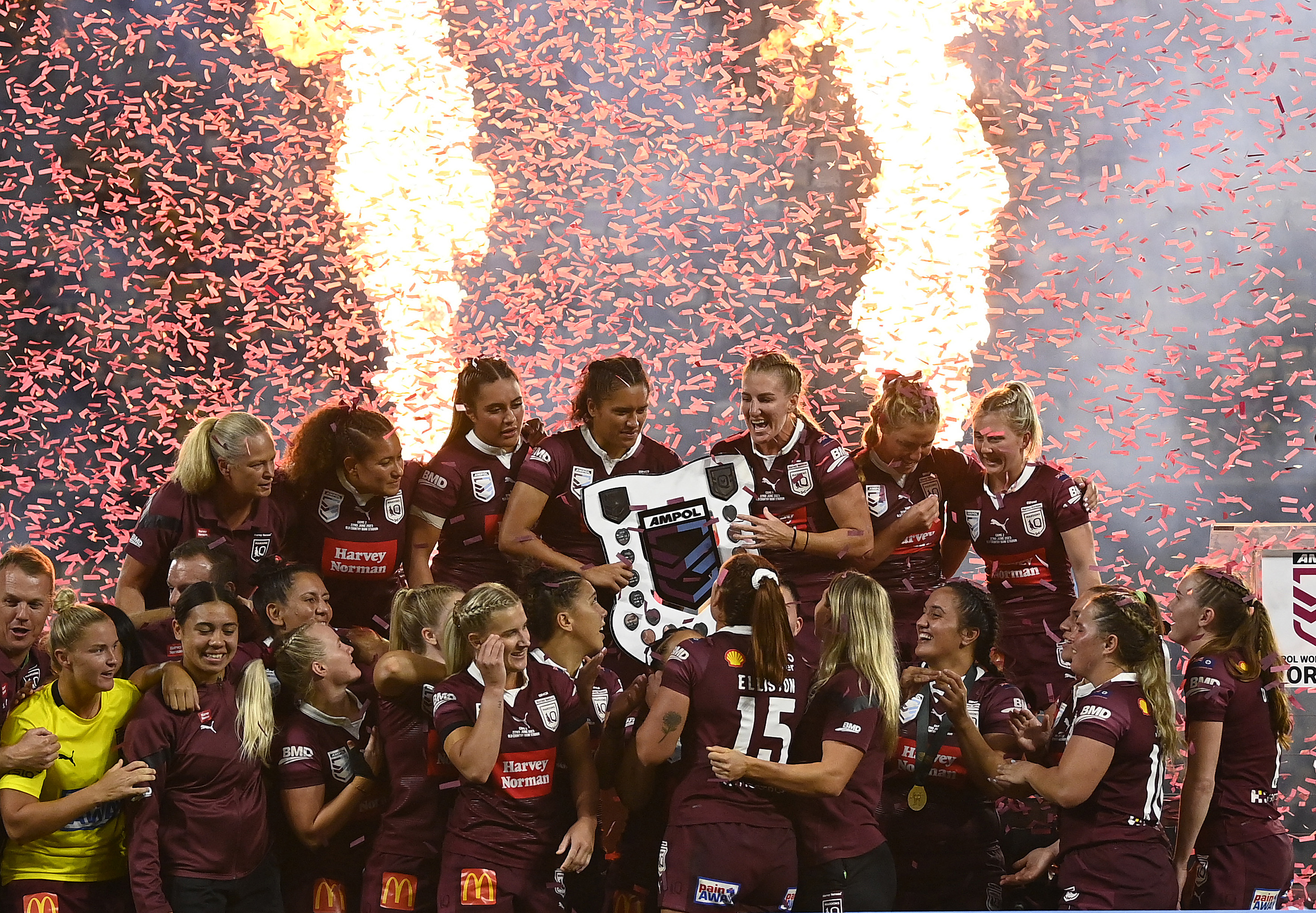 TOWNSVILLE, AUSTRALIA - JUNE 22: Queensland celebrates after winning the series during game two of the women's state of origin series between New South Wales Skyblues and Queensland Maroons at Queensland Country Bank Stadium on June 22, 2023 in Townsville, Australia. (Photo by Ian Hitchcock/Getty Images)