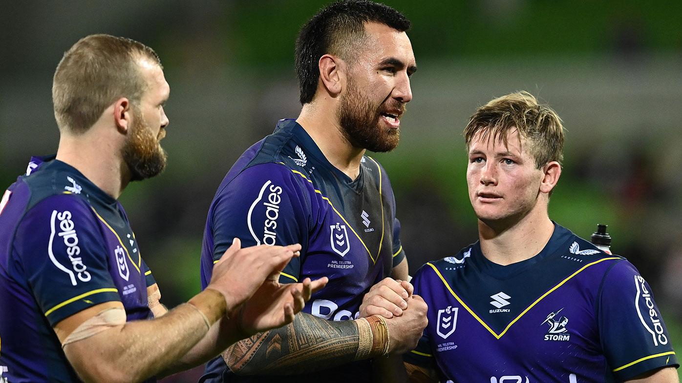 (L-R) Tom Eisenhuth of the Storm, Nelson Asofa-Solomona of the Storm and Harry Grant of the Storm celebrate