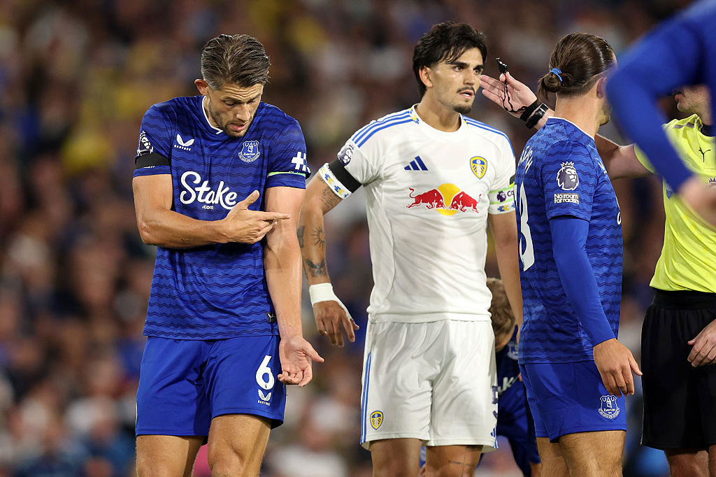 James Tarkowski of Everton reacts following a hand ball incident.